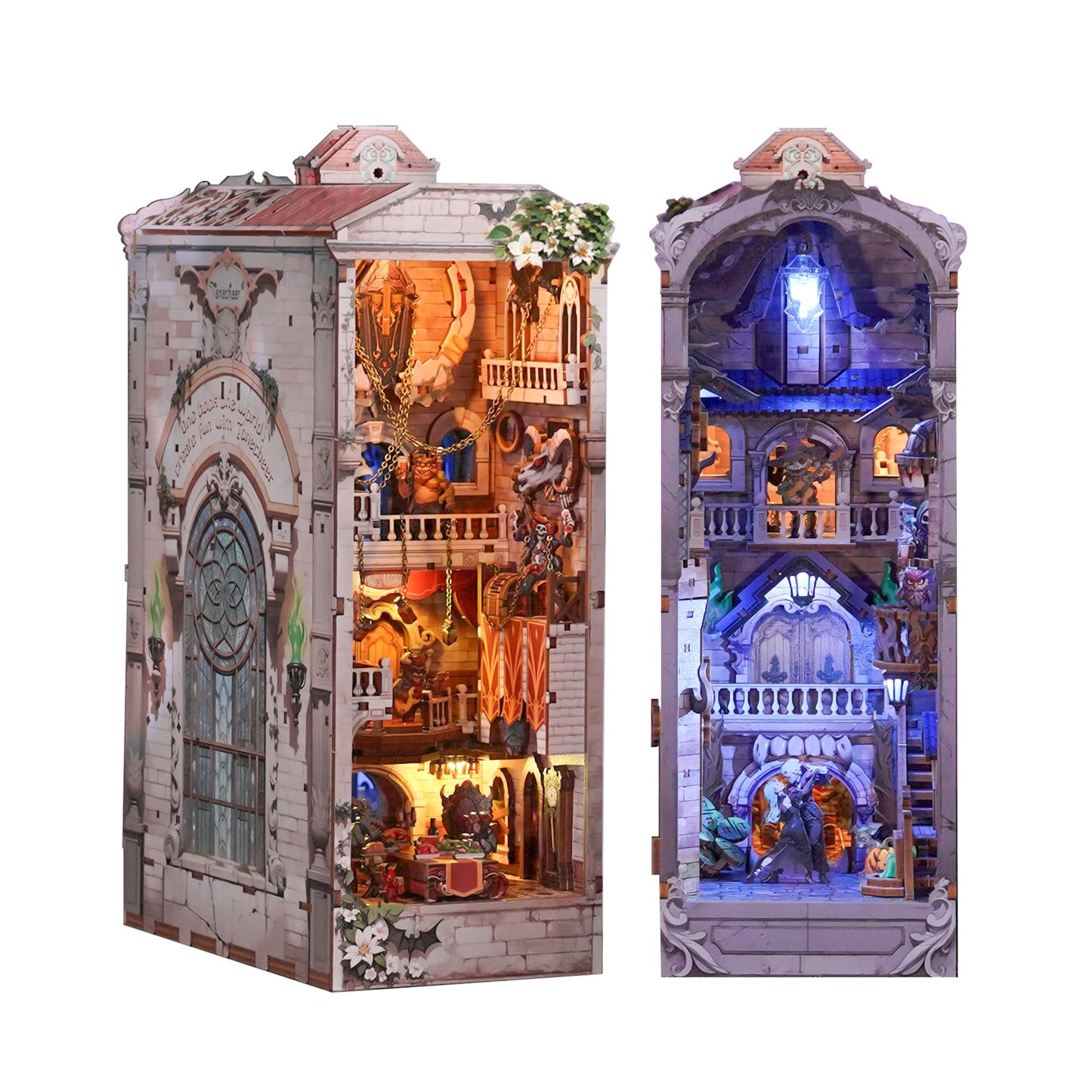 Tonecheer DIY Book Nook Kit for Adults, Double-Sided Booknook Wooden 3D Puzzle Bookend Miniature House Kit, Fantasy Bookshelf Decor with Dust Cover and LED Light for Birthday Gifts (Monster Carnival)