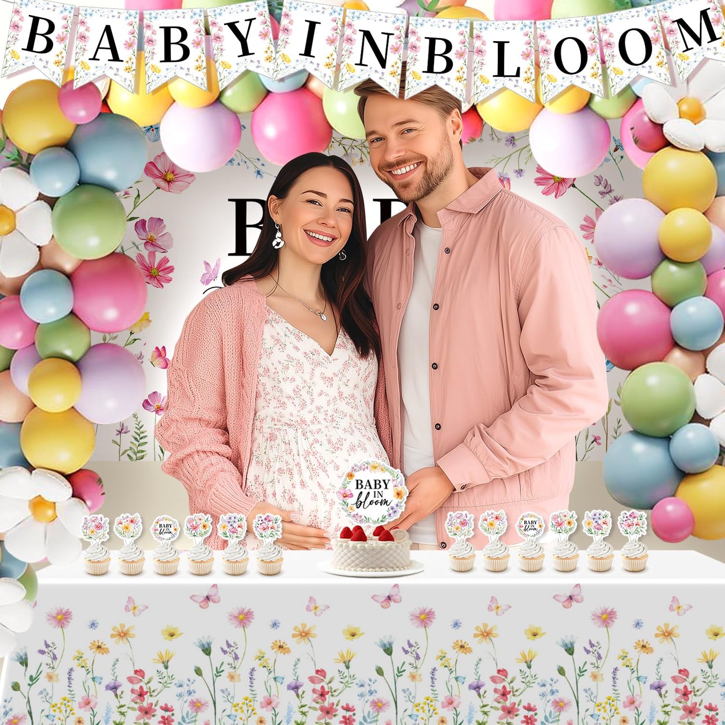 Baby in Bloom Baby Shower Decorations for Girl - 92pcs Balloons Garland Kit, Baby in Bloom Banner, Backdrop, Floral Tablecloth, Daisy Balloons, Cake and Cupcake Toppers