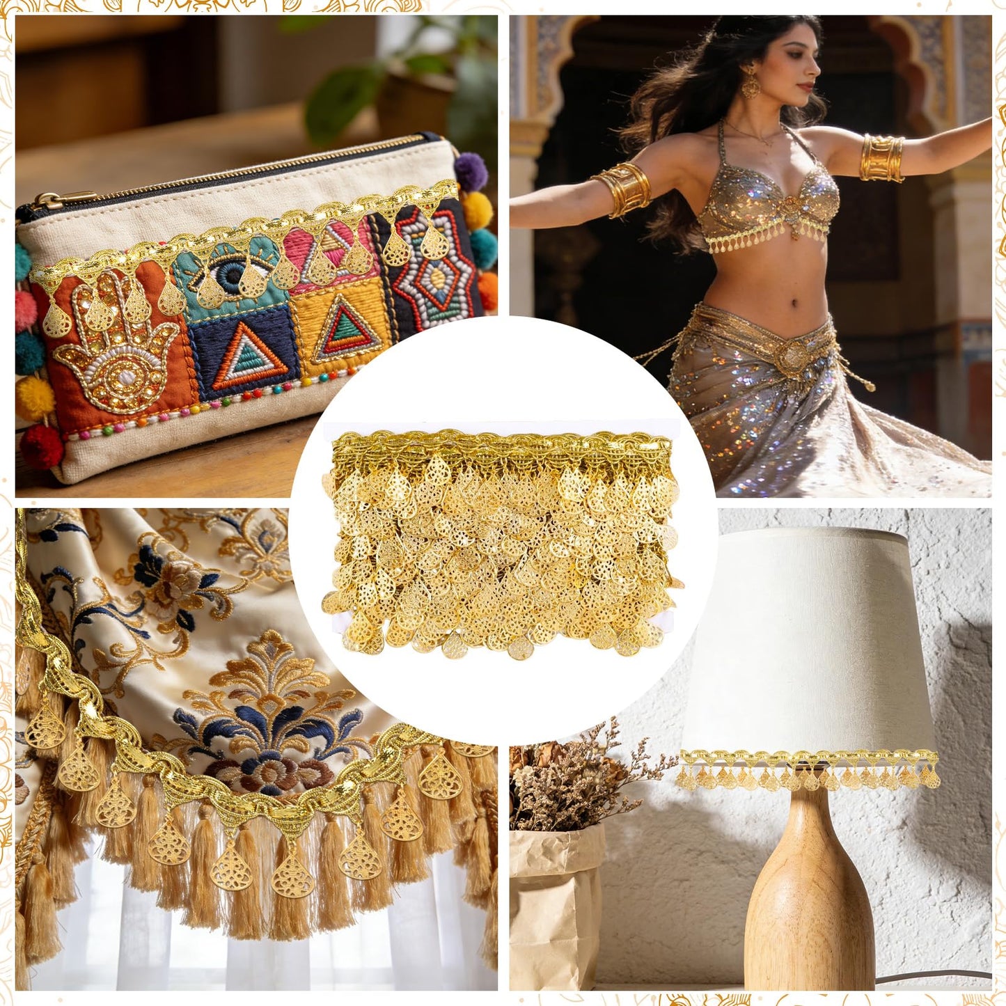 10 Yards Gold Water Droplet Shape Sequin Tassel Trim, 1.57 Inch Width Sequins Lace Tassel Fringe Trim, Sequins Lace Ribbon Fringe for Dance Dress Belt Costume Handbags Decorations Party Accessories