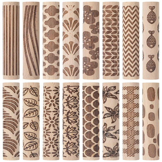 Conderyang 16Pcs Wooden Clay Texture Roller Set Clay Modeling Pattern Rollers Wooden Texture Rollers Wood Pottery Tools Pottery Tool Set for Artists Art Creation Ceramic DIY, 4In x 0.6In（Style 1)