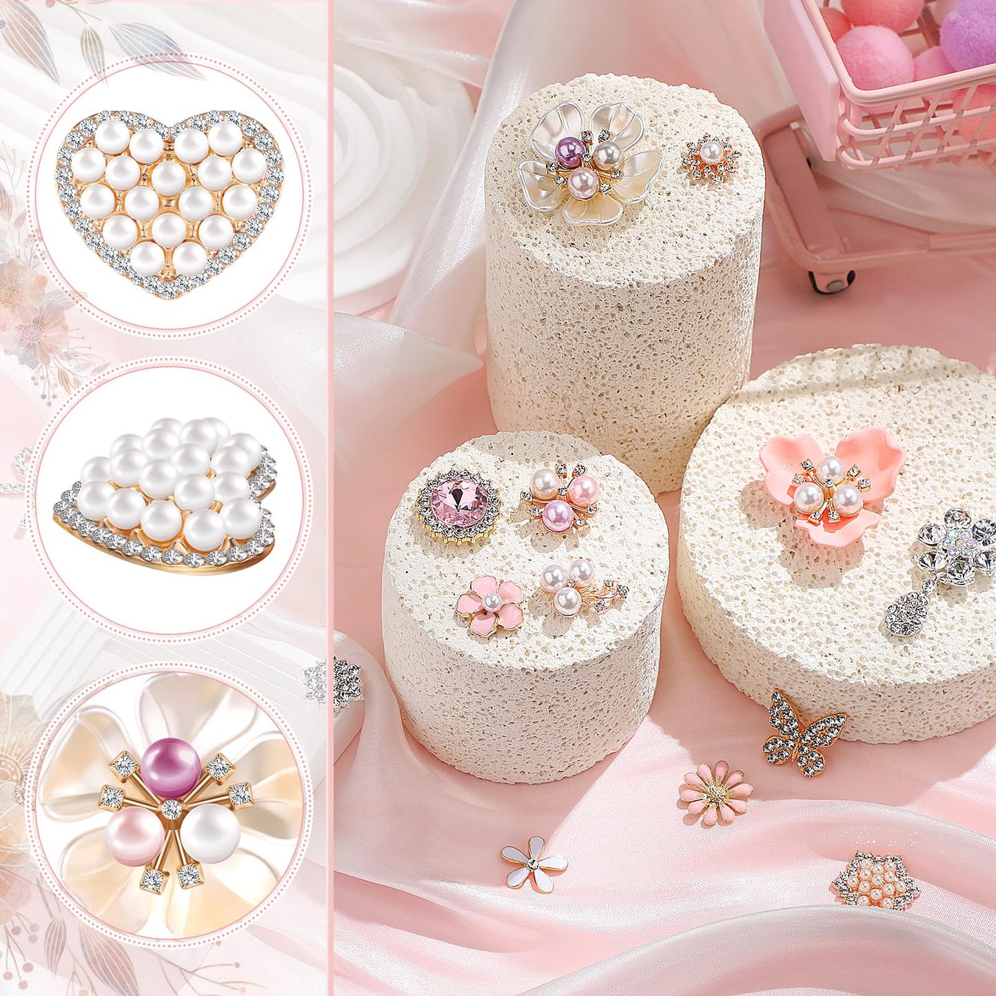 Giegxin 48 Pcs Rhinestone Buttons for Crafts Clothes Faux Pearl Embellishments Pink Butterfly Rhinestone Flower Buttons Vintage Women Pearl Brooch for Jewelry Making, DIY, Bags Shoes Supplies