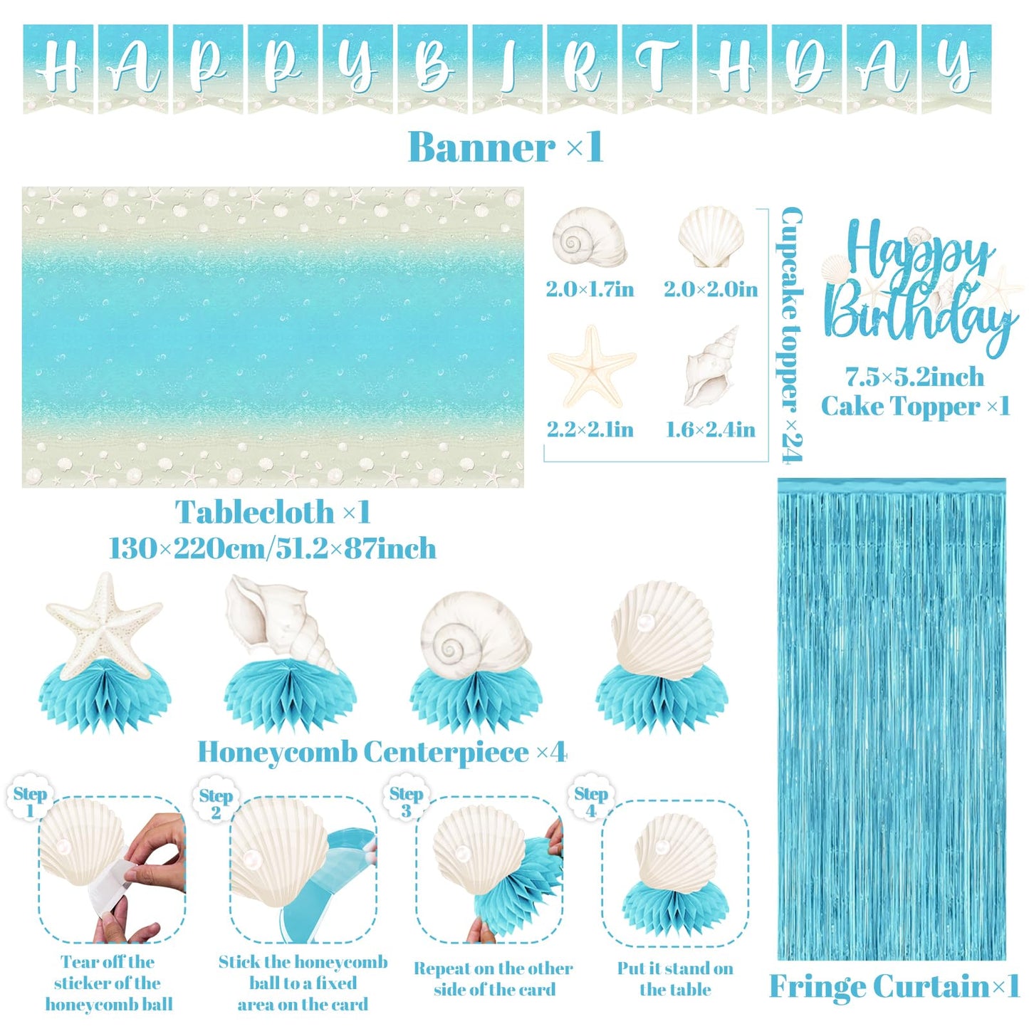 Beach Birthday Party Decorations, All-in-1 Ocean Themed Party Decorations with Balloon Arch Fringe Backdrop Seashell Bubble Garland Plates Napkins Centerpieces Cake Topper for Coastal Party, Serve 24