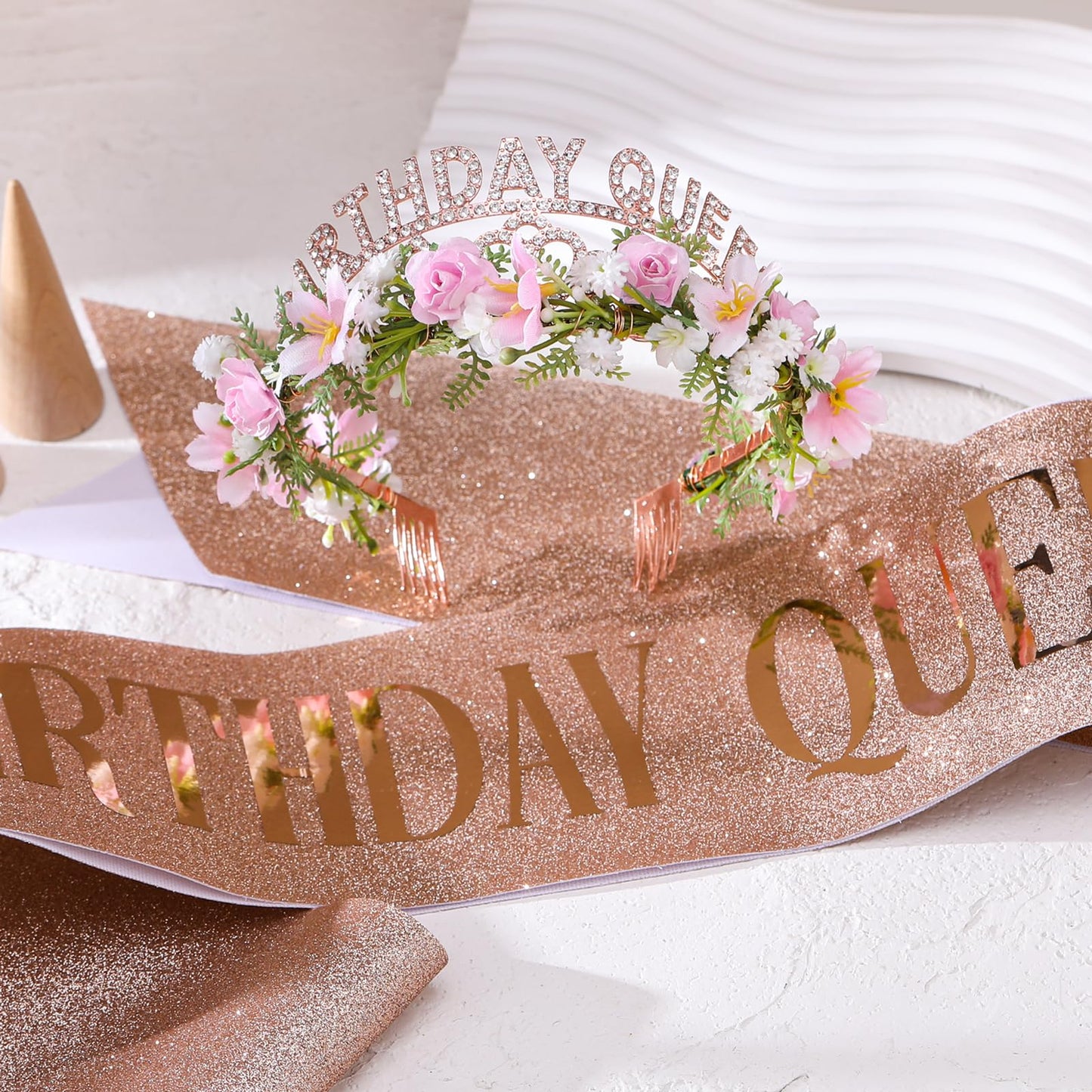 PartyforU Pink Birthday Queen Crown - Happy Birthday Tiara with Flowers and Sash Set for Party Photo Shoot Gift for Friend Mom
