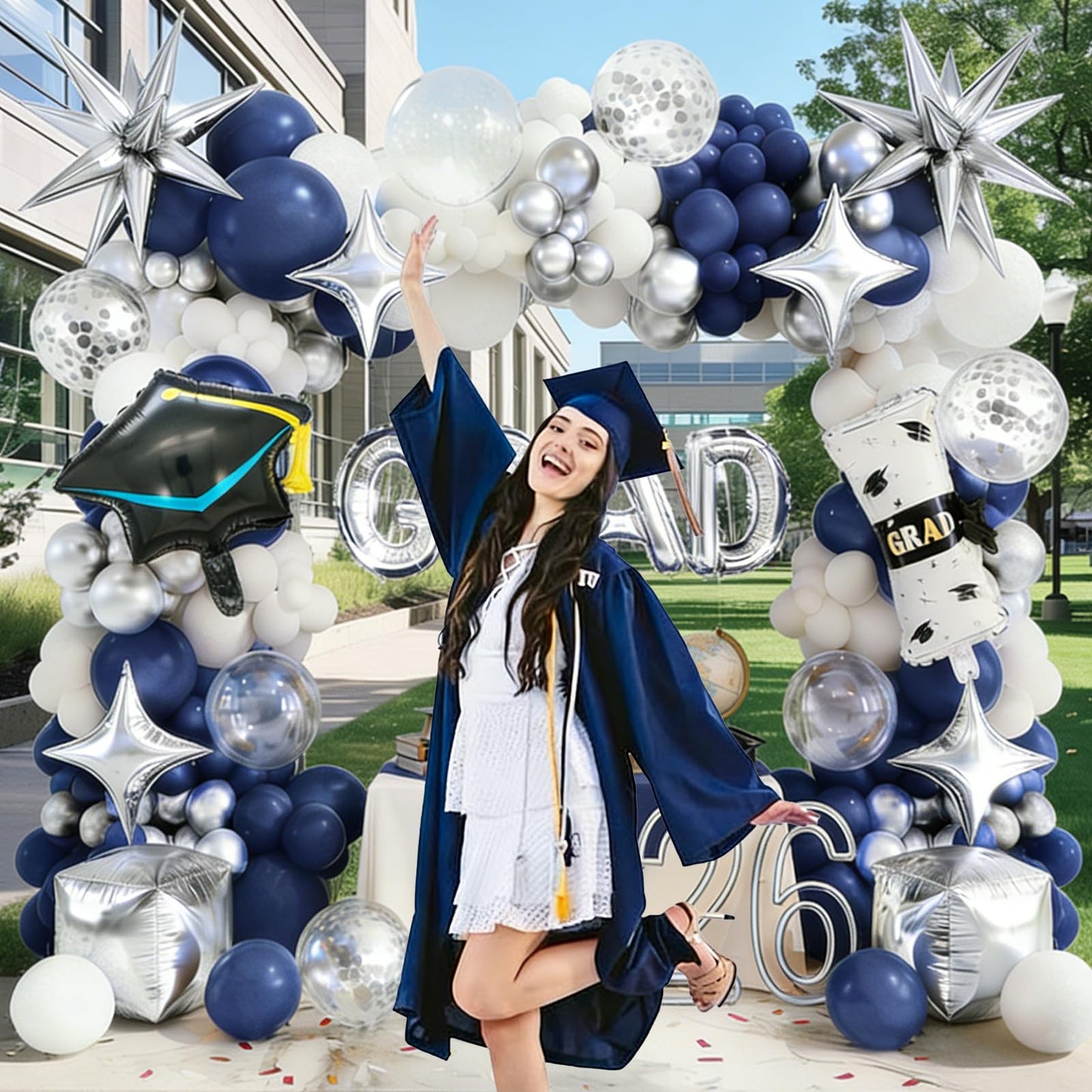 Graduation Balloon Arch Kit 2026, 194pcs Class of 2026 Graduation Decorations, All-in-One Balloon Garland Kit for Graduation Party Backdrop & Photo Booth,Navy Blue Silver Balloons with GRAD Letters