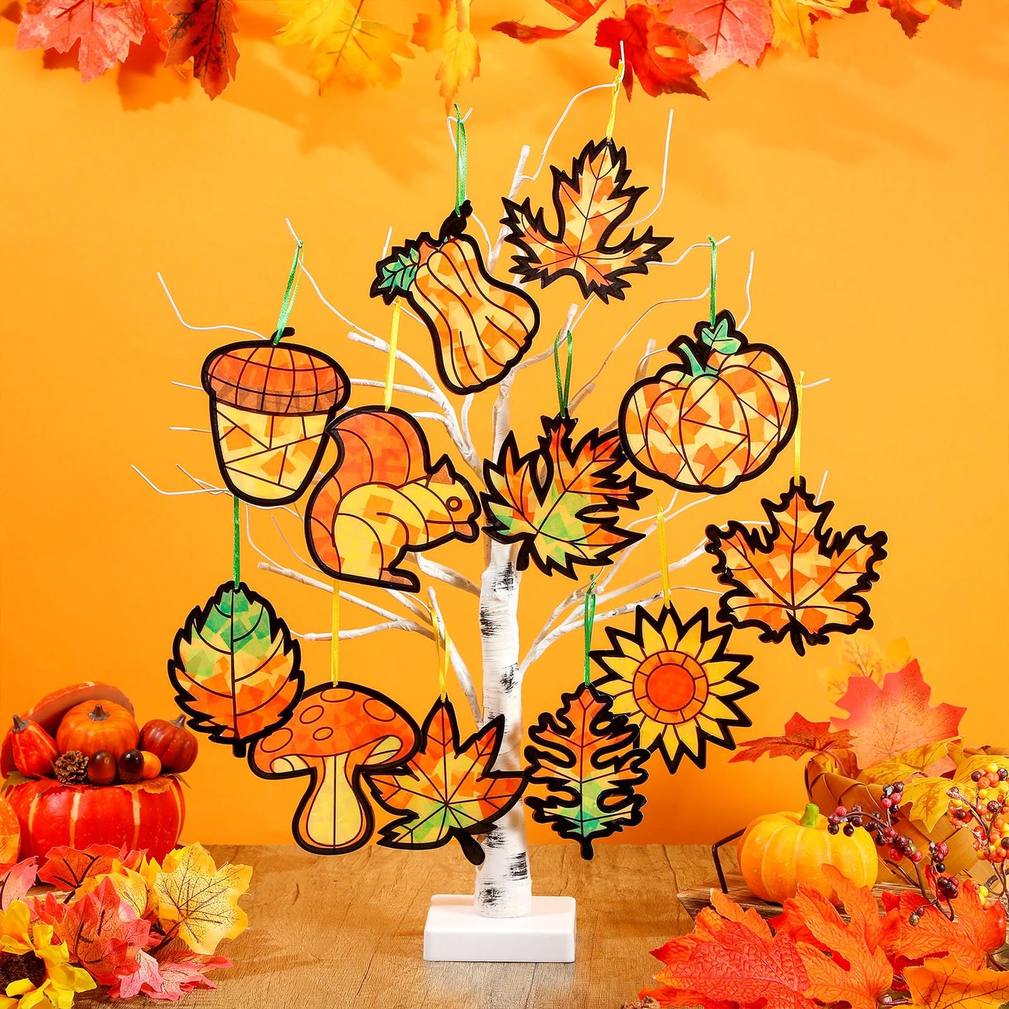 AmazingSpark 36 Set Thanksgiving Harvest Fall Suncatcher Paper Crafts Kit DIY Autumn Leaf Pumpkin Stained Glass Effect Tissue Paper Hanging Suncatchers Decor for Autumn Festival Art Party Supplies