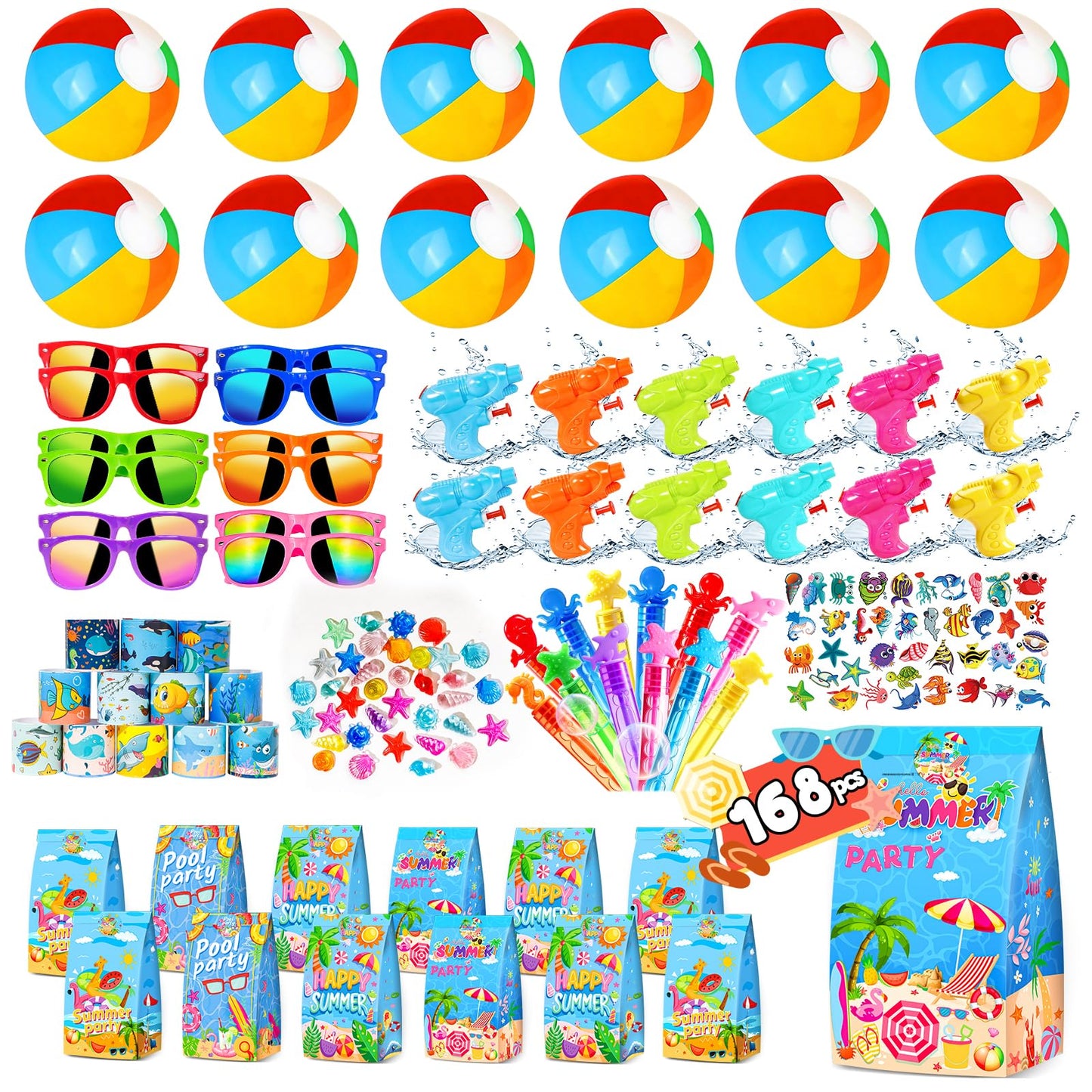 Pool Party Favors and Beach Party Favors 168pcs Summer Party Toys for Kids,Including Beach Balls, Sunglasses, Bubble Wands Party Supplies for Summer Birthday Ages 4-8 8-12