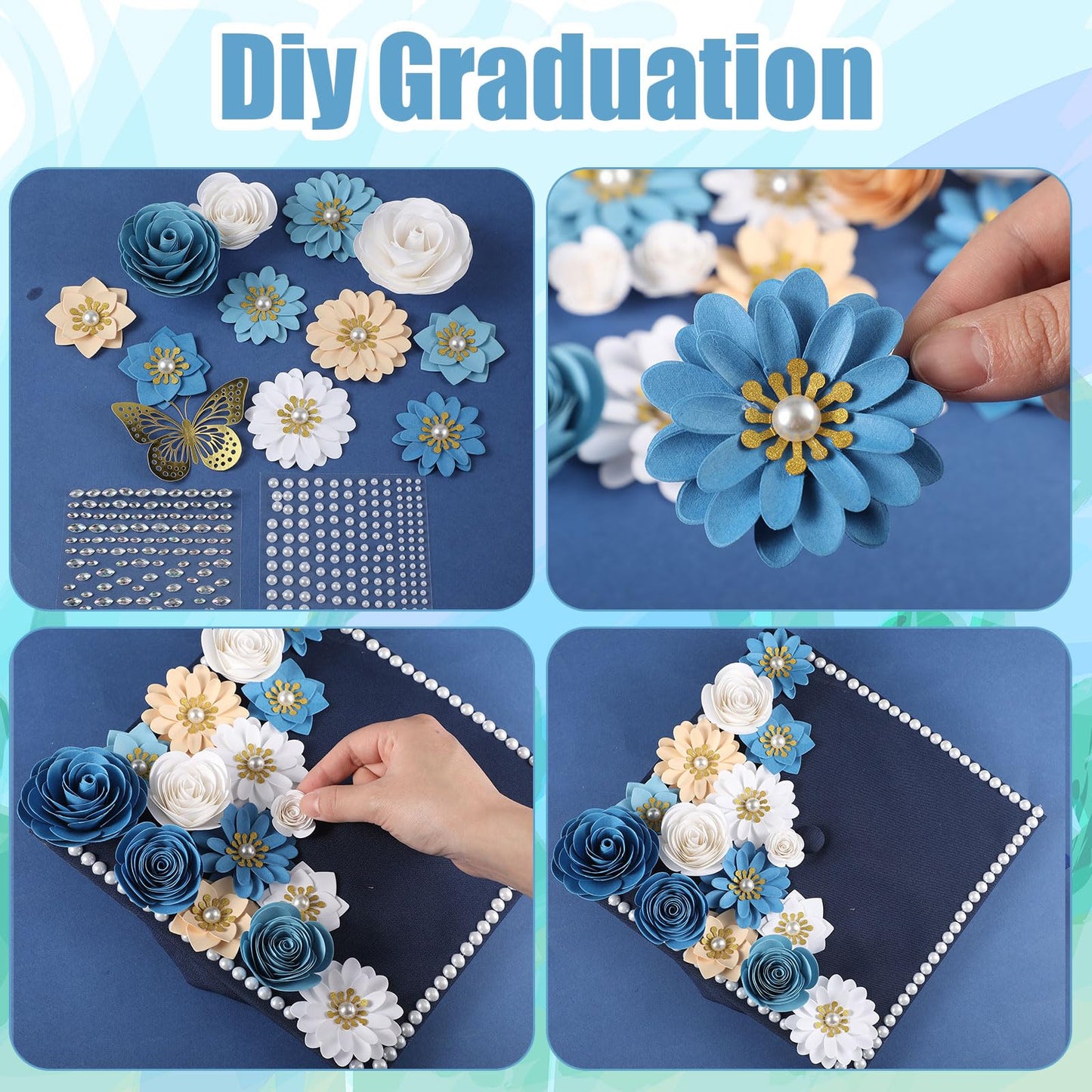 Thiccywoov 43 Pcs Graduation Cap Decorations Kit Includes Artificial Flowers Faux Flower Heads 3D Butterfly Stickers Pearl Rhinestones Glitter Stickers for Grad Cap Topper DIY Graduation Gift(Blue)