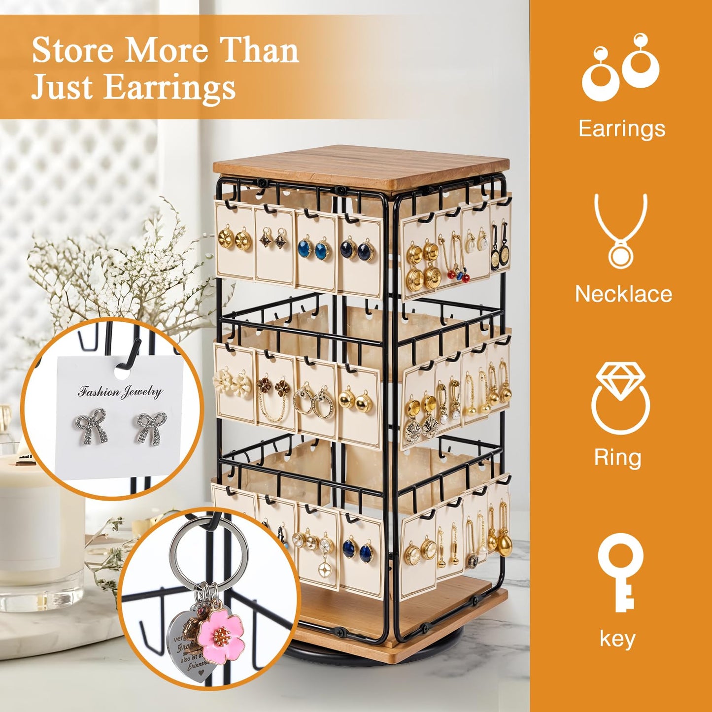 Rotating Earring Display Holder Stand for Vendors Events Selling, Large Capacity 48 Hooks Jewelry Rack with Wooden Base for Earring Card Sales, Enhances Retail Visibility