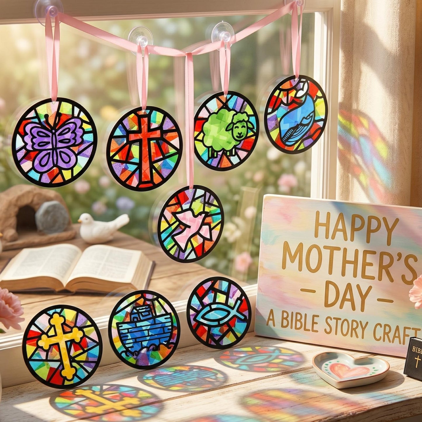 Eersida 32 Pcs Christian Suncatcher Craft Kit,Religious Stained Glass Tissue Paper VBS Sunday School Bible Crafts Bible Story Christian Window Decor for Classroom Church Group School Faith Decor