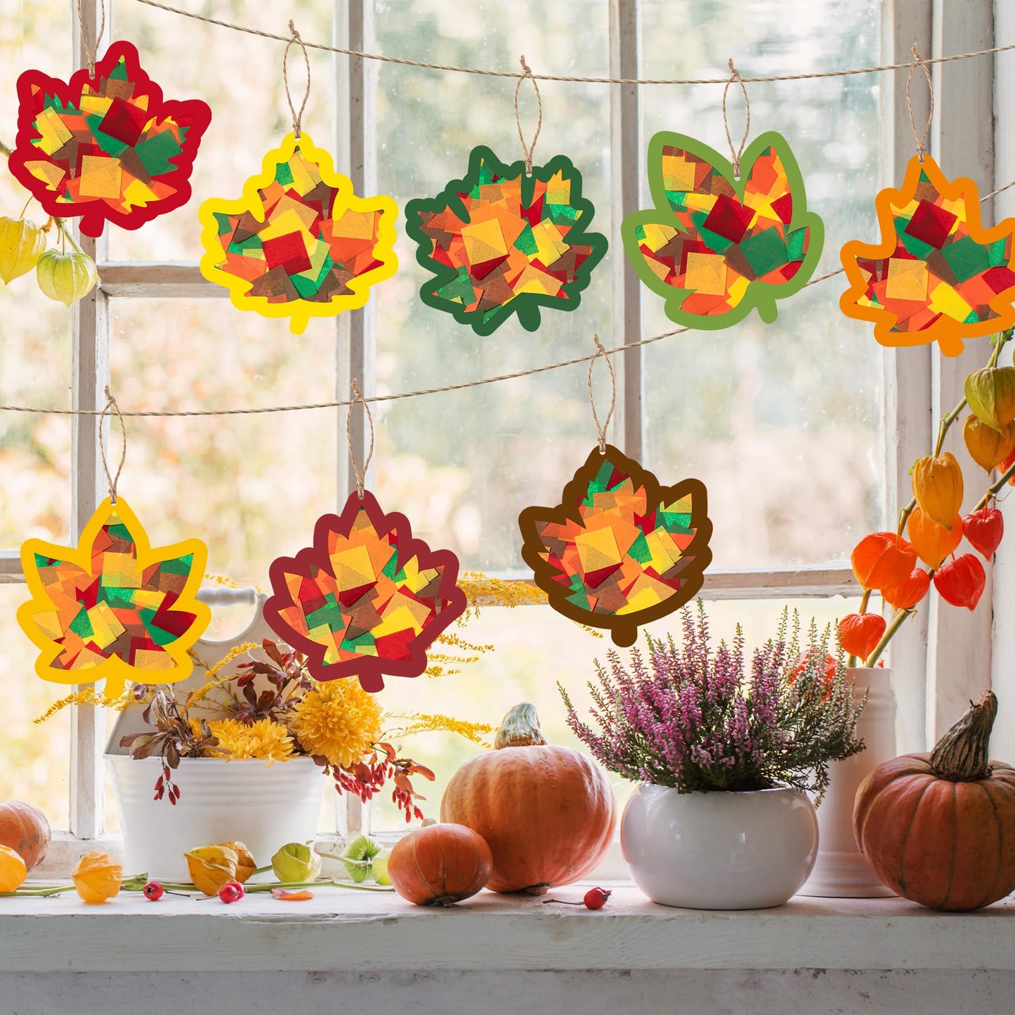 CJiangpo 24 Sets Fall Maple Leaves Suncatcher Paper Craft Kits, DIY Stained Glass Effect Window Ornament Rainbow Tissue Paper Art Craft Classroom Activities Supplies Thanksgiving Party Decor