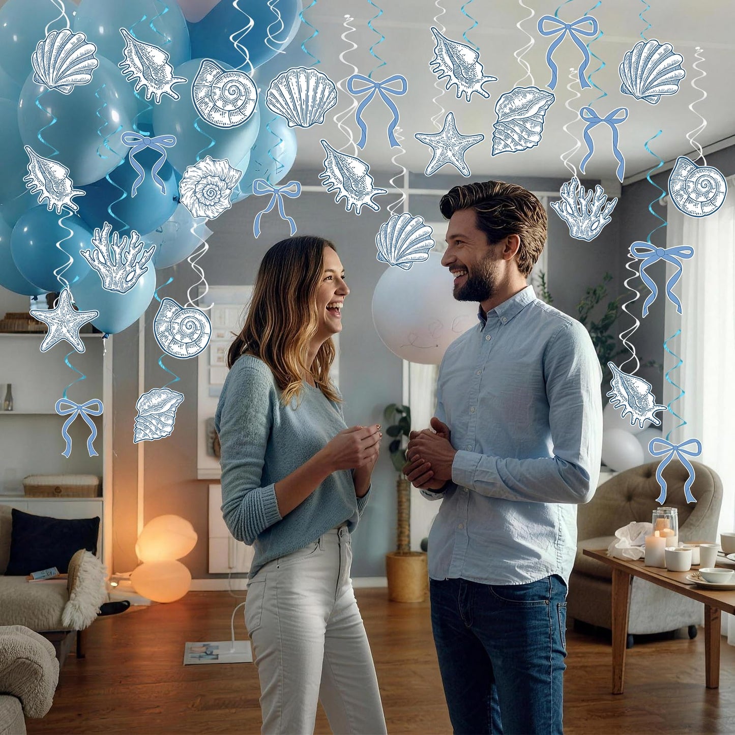 60PCS Blue Bow Starfish Seashell Hanging Swirls Beach Party Decoration Coastal Hanging Streamers for Summer Mermaid Birthday Under the Sea Party Bachelorette Wedding Favors