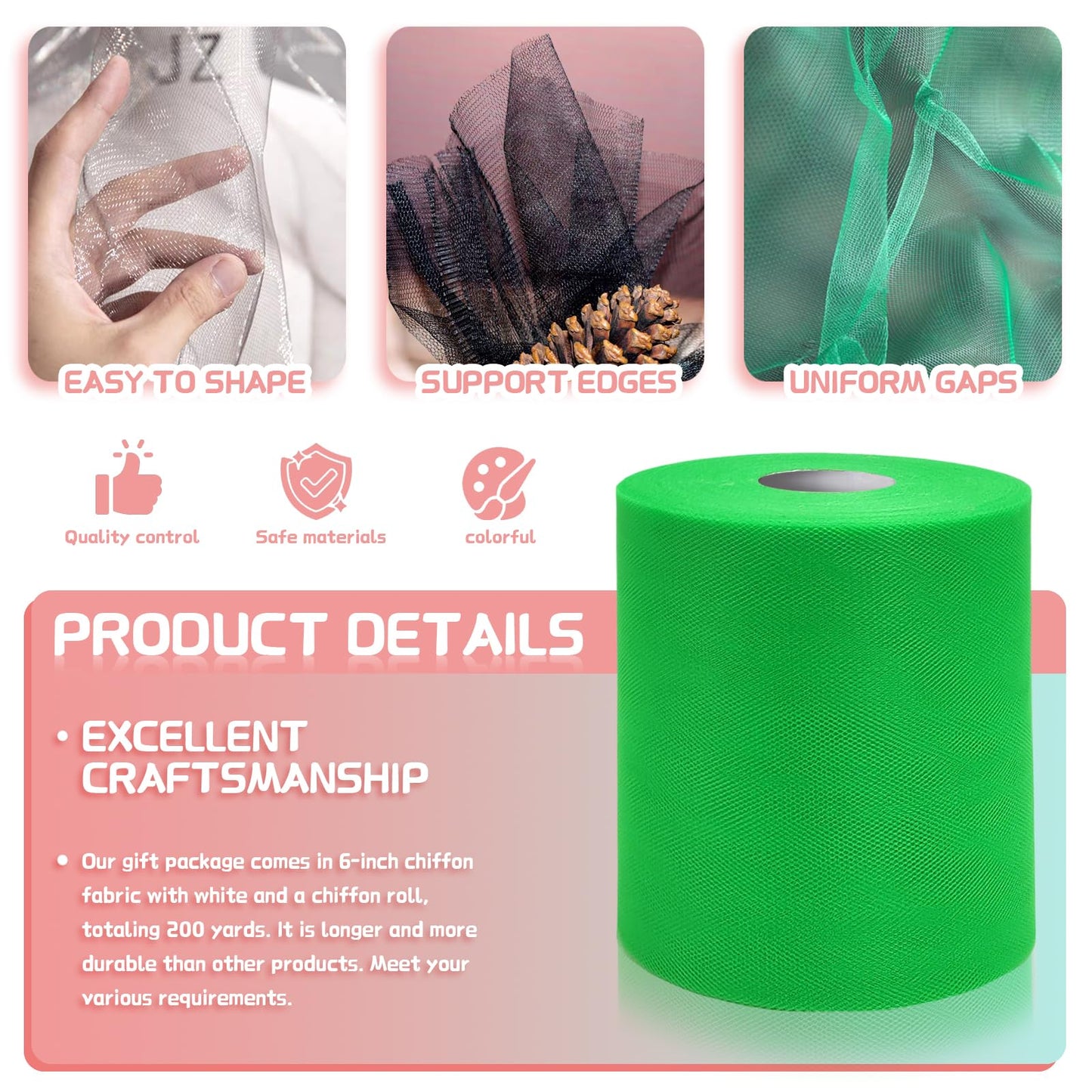 6" x 200 Yards Emerald Green Tulle Fabric Rolls, Green Spool Tulle Ribbon for DIY Tutu Skirt Gift Wrapping Bow Wedding Decoration Baby Shower Birthday Party Backdrop Craft Supplies