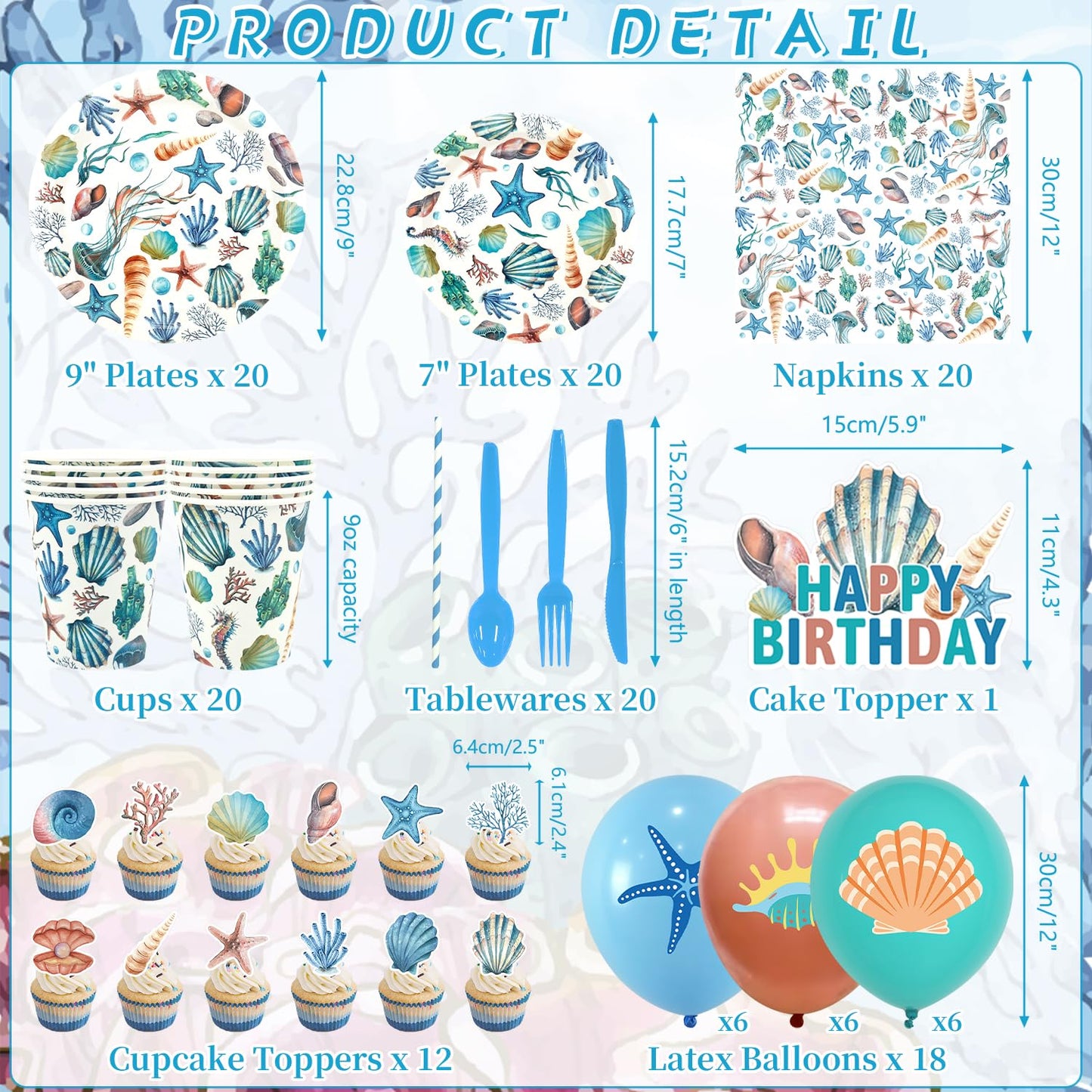 Obussgar Shells Birthday Party Decorations - Shells Party Supplies including Backdrop, Plate, Cake Topper, Cup, Napkin, Balloon, Tablecloth - Serves 20