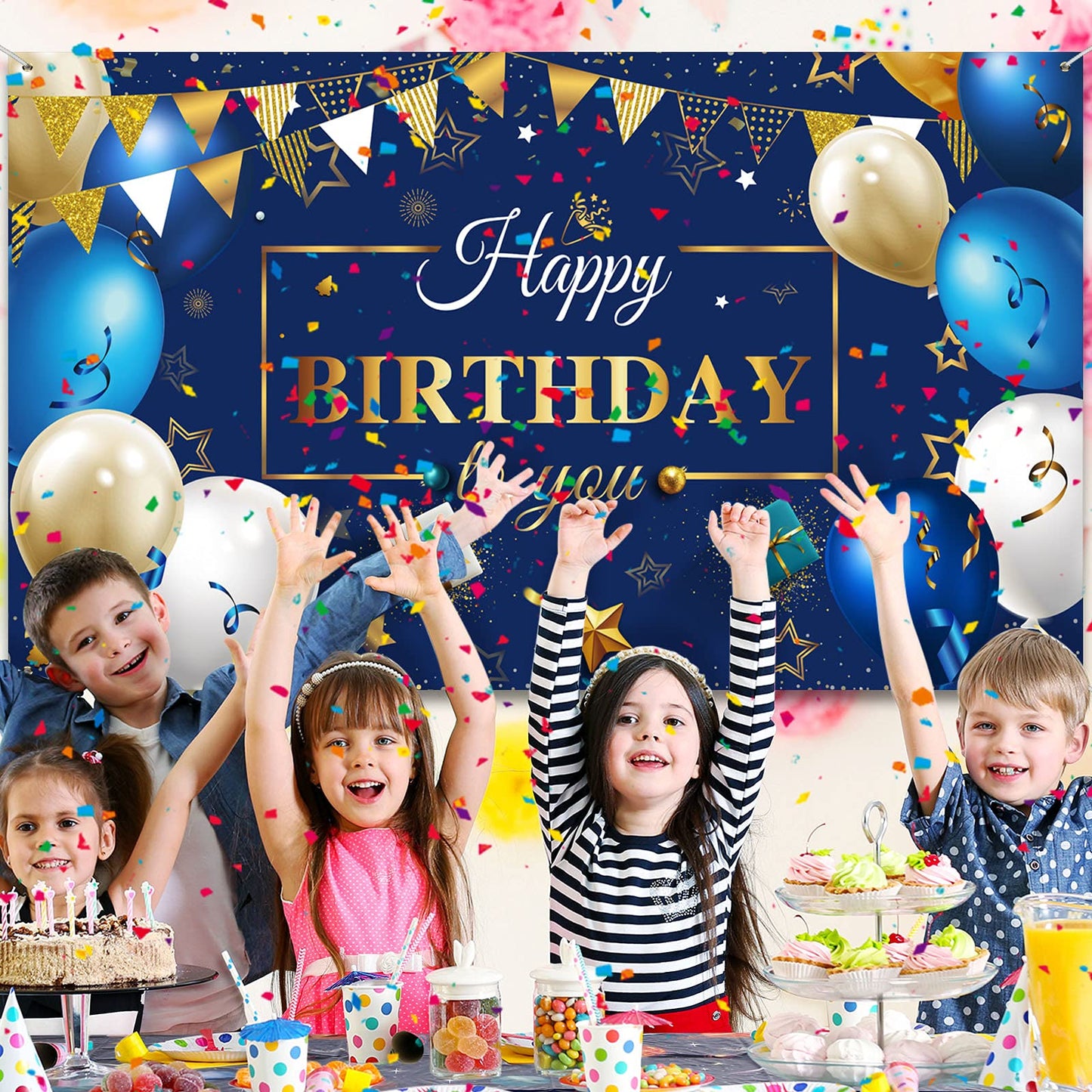 Tatuo Navy Blue Birthday Confetti Balloons Kit Set Photography Backdrop Banner Package for Boys Girls Men Women Birthday Party Decorations Supplies(Navy Blue and Gold)