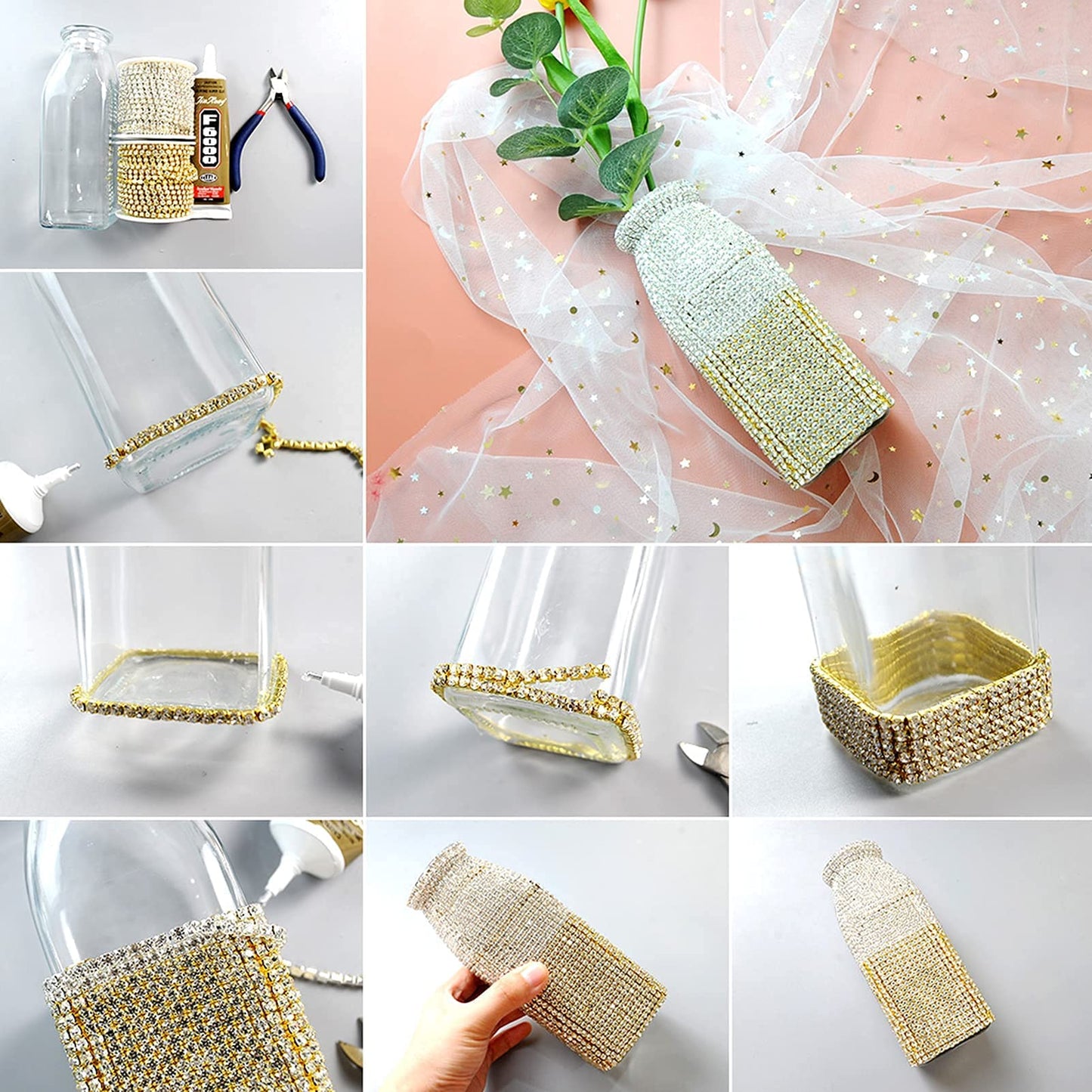 Fashewelry 10 Yards Crystal Clear Rhinestone Close Cup Chain 2mm Trimming Beaded Applique Claw Chain Roll with Golden Bezel for DIY Art Craft Clothes Wedding Party Decoration