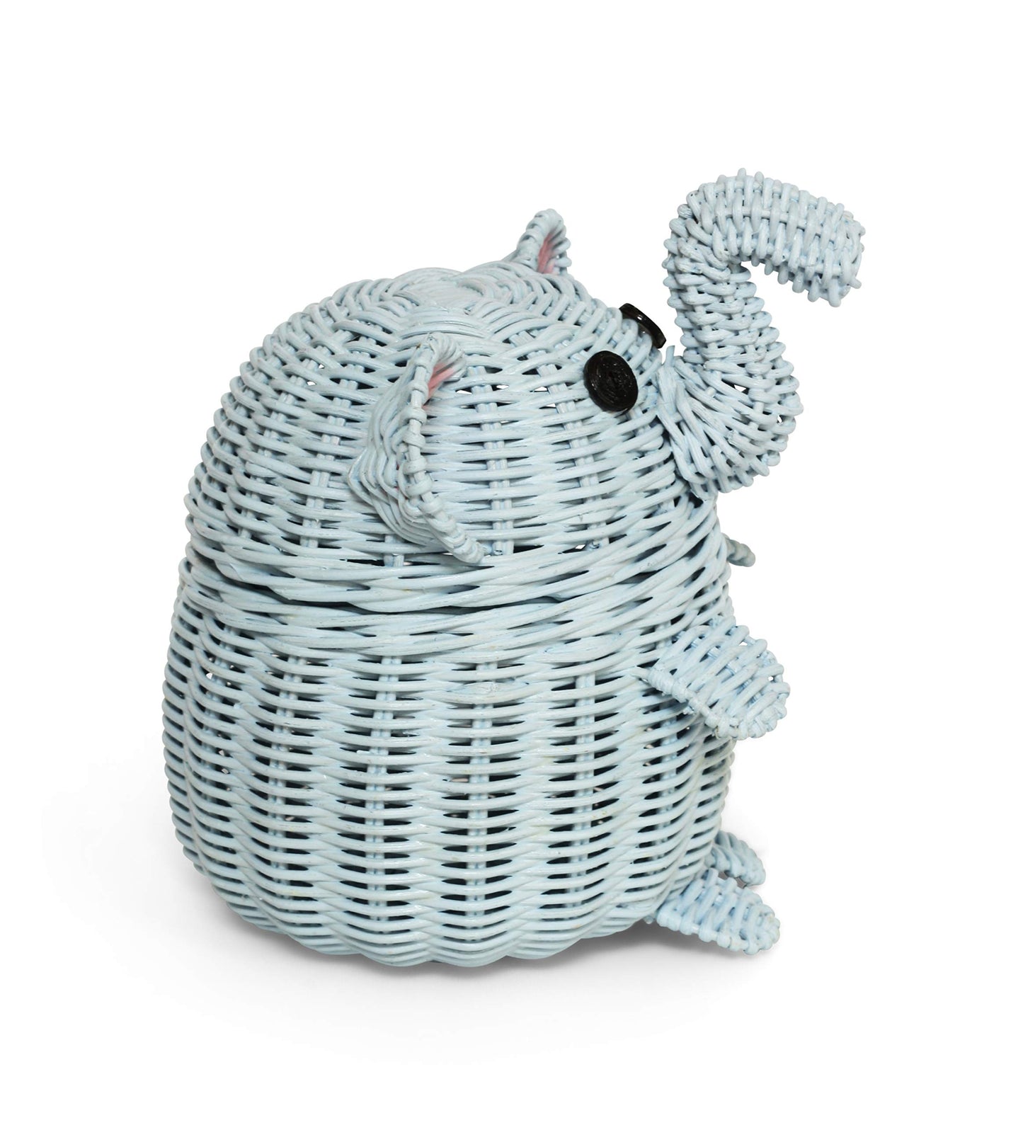 G6 COLLECTION Elephant Rattan Storage Basket With Lid Decorative Bin Home Decor Hand Woven Shelf Organizer Cute Handmade Handcrafted Nursery Gift Animal Decoration Wicker Elephant (Small, Blue)