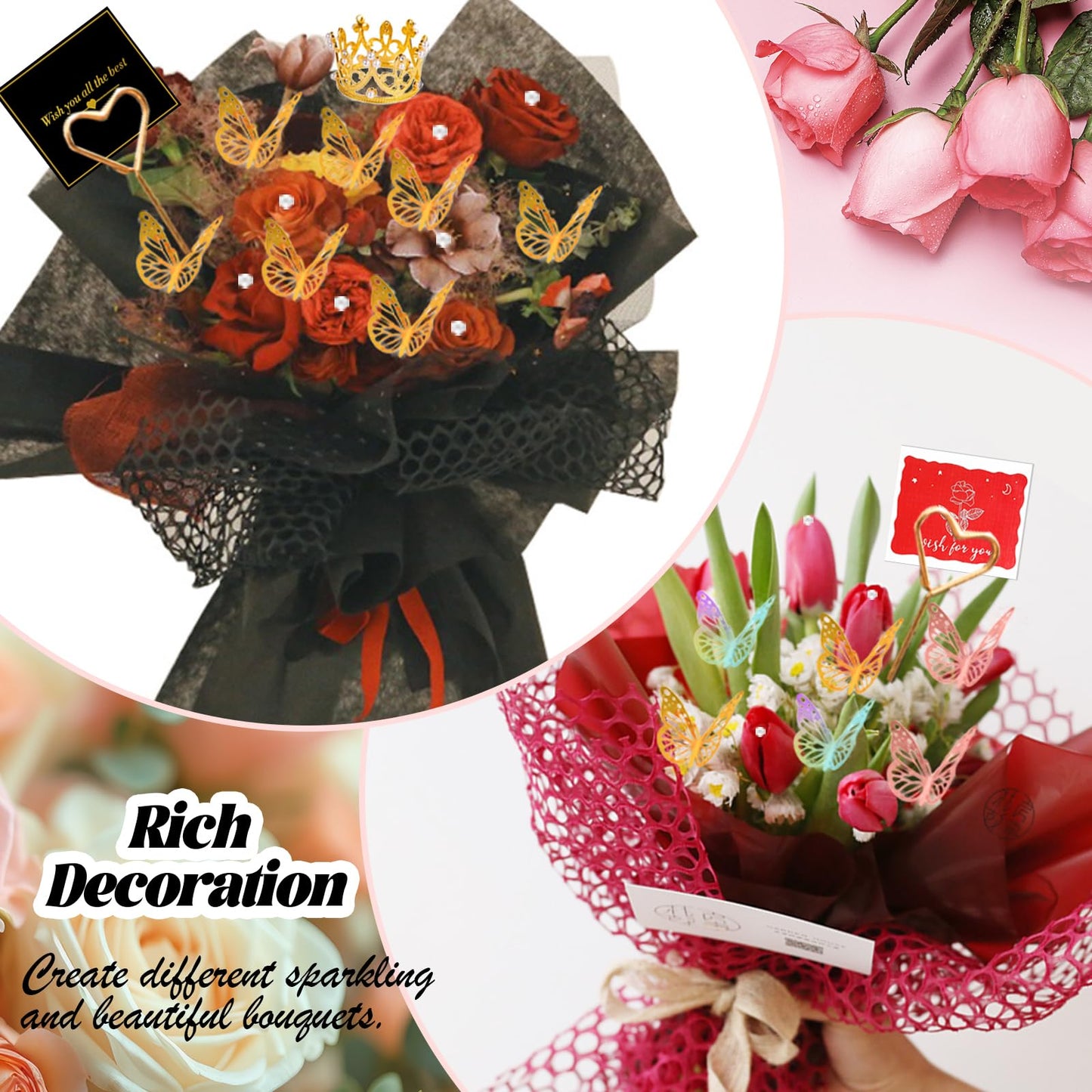 512Pcs Flower Wrapping Paper Kit with 120 Sheets Waterproof Floral Wrapping Paper 3D Butterfly Decor Crowns,Bouquet Pins Ribbons,DIY Crafts for Mother's Day Valentines Graduation Birthday Gift