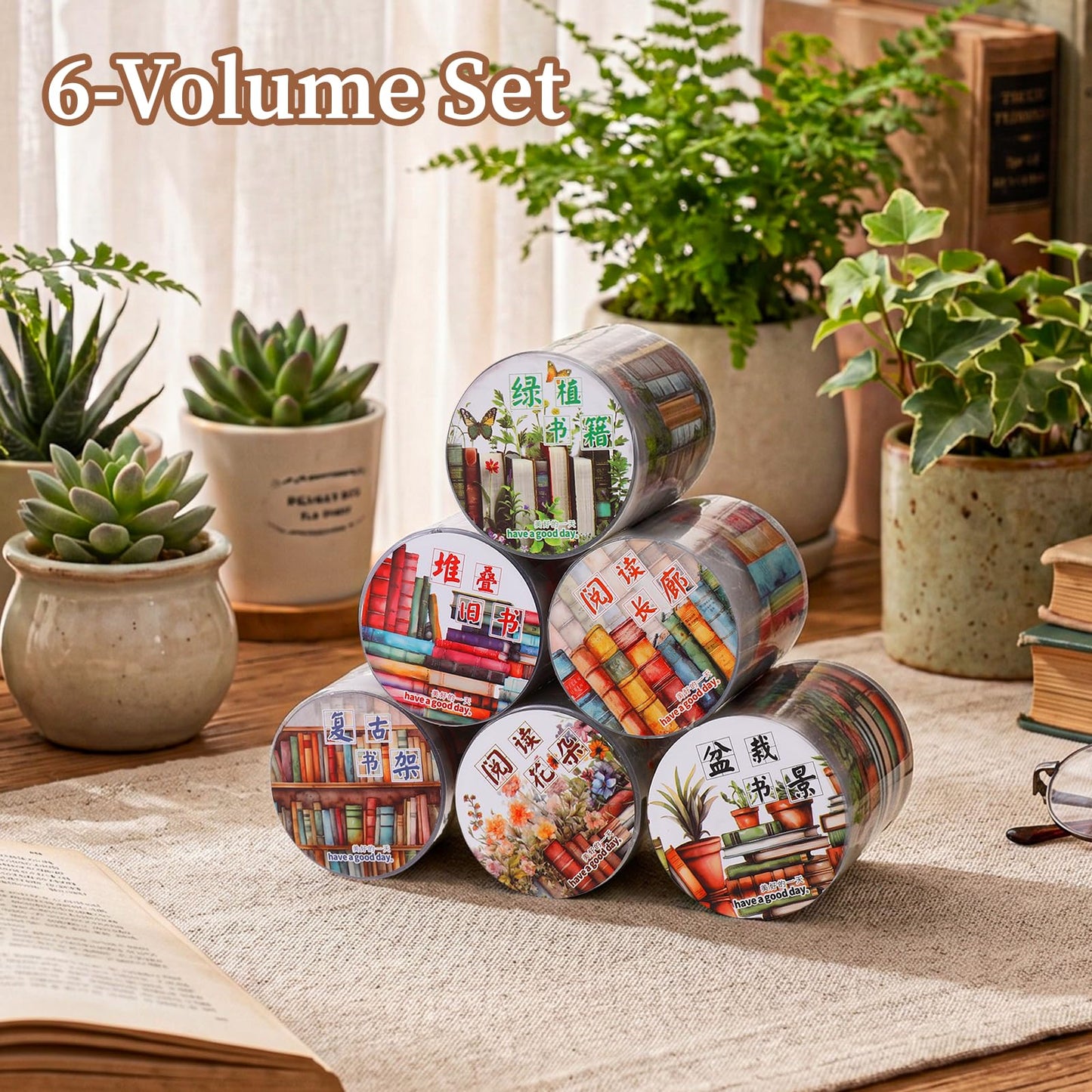 6 Rolls Book-Themed PET Tape, PET Tape Stickers for Journaling, Library and Nature-Inspired Floral washi Stickers Book Journal Supplies for DIY Crafts, Gift Wrapping, Scrapbooking and Journaling