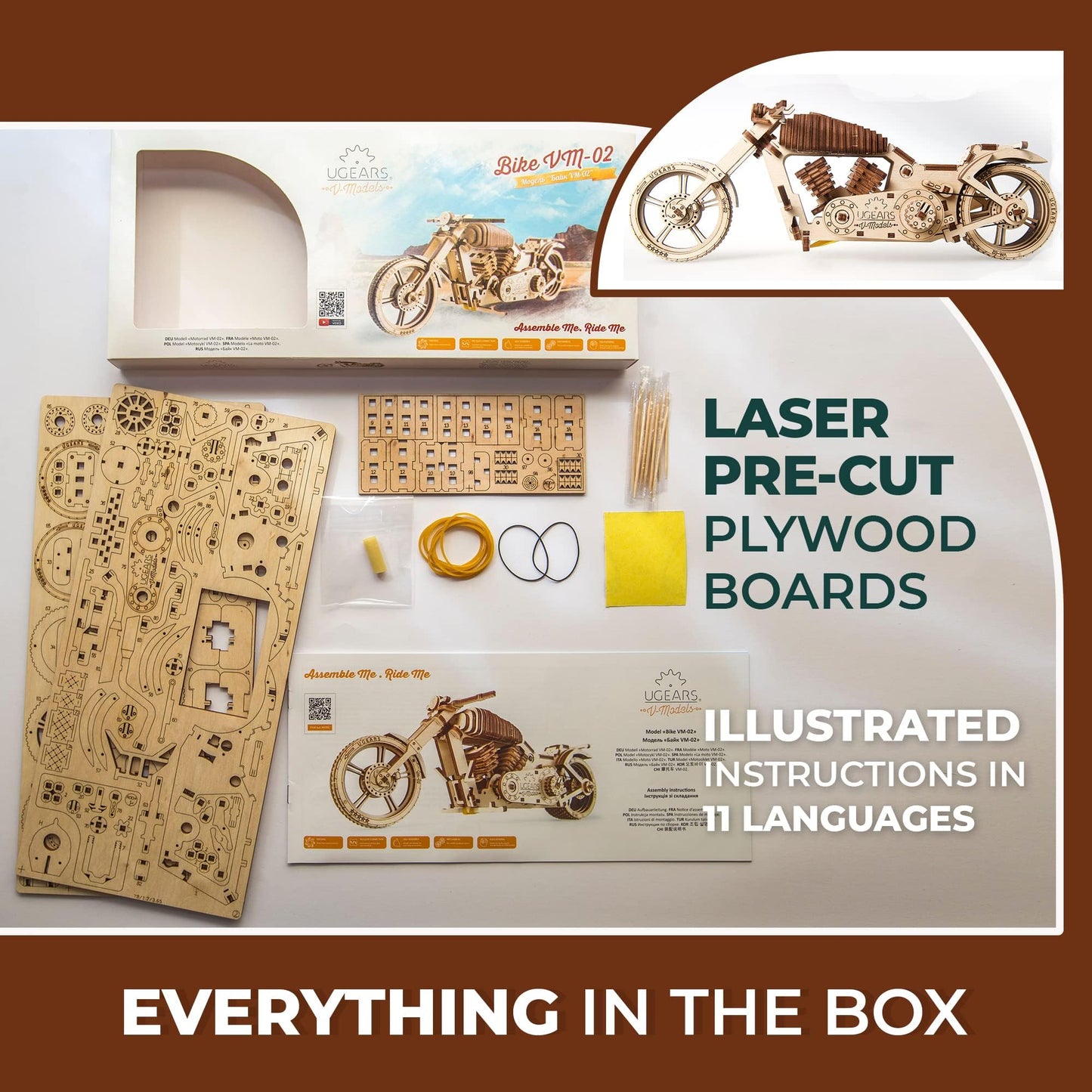 UGEARS Bike DIY Kit – Wooden Mechanical Motorcycle Project – Bike VM-02 Rubber Band Engine – for Vehicle Passionate and Bikers – Plywood Model with Wide Back Wheel – Refined Gift Idea