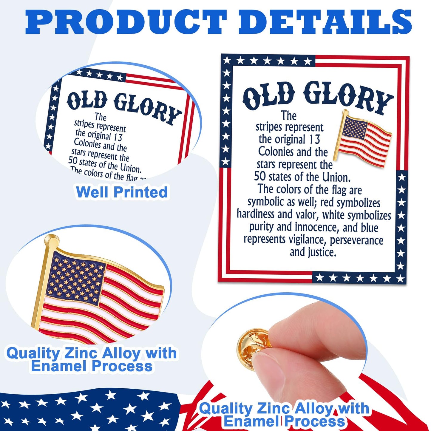 Landical 60 Pcs/30 Sets 250th Anniversary Memorial Day Pins Gifts Bulk Patriotic American Flag Pins with Old Glory Cards and Bags for 4th of July Independence Veterans Day Party Favor Supplies Gifts