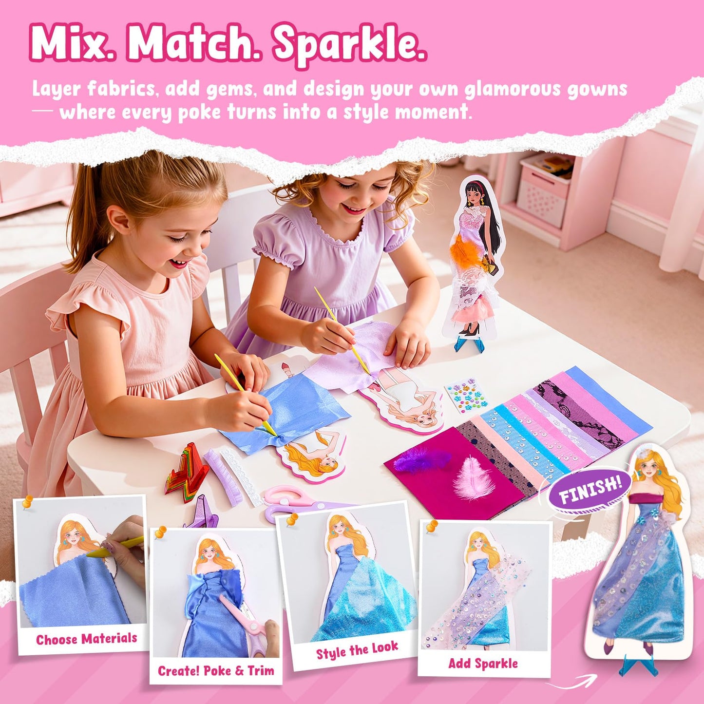 Poke-in Fashion Designer Kit for Girls, No-Sew DIY Craft Toys with 6 EVA Mannequins & Real Fabric, Safe & Non-Toxic Creative Dress Up Activity, Mess-Free Arts and Crafts Gift for Girls Age 5-12