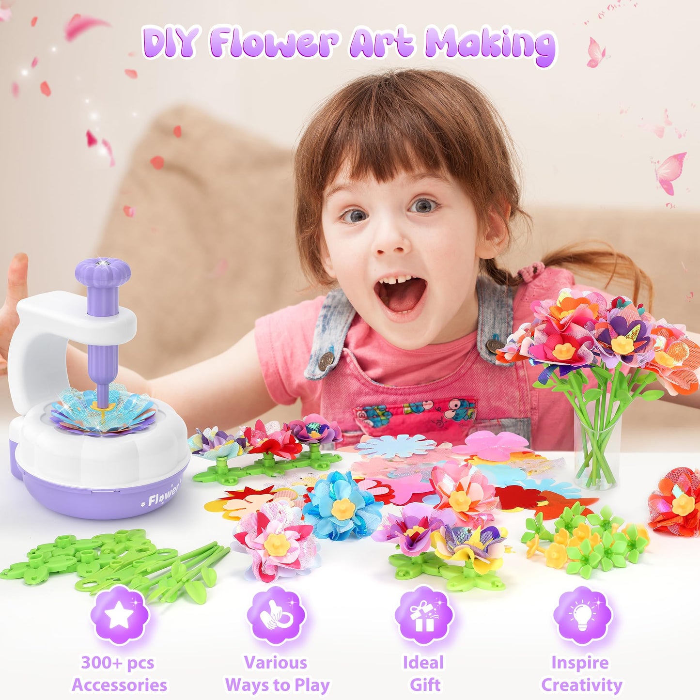 GirlsHome 300+PCS Fabric Flower Bouquets Toys, DIY Flower Making Kit for Kids, Reusable Arts and Crafts for Kids, 2 Gameplays STEM Educational Preschool Toy, Birthday Gifts for 3 4 5 6 7 8+ Years Old