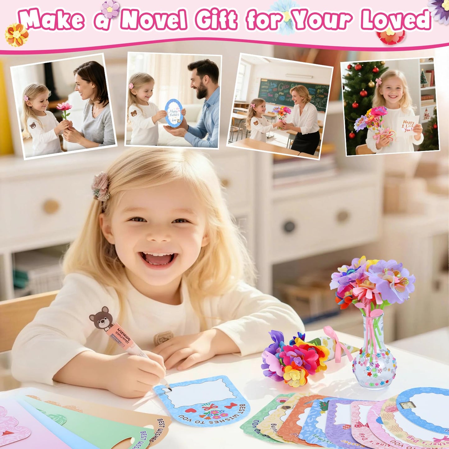 Flowers Craft Kit for Girls Ages 3-12, DIY Flower Bouquet Maker Machine with 120 Fabric Petals, 14 Greeting Cards, Gift Wrap, Vase & Storage Bag, Creative Floral Arts and Crafts Toy for Kids
