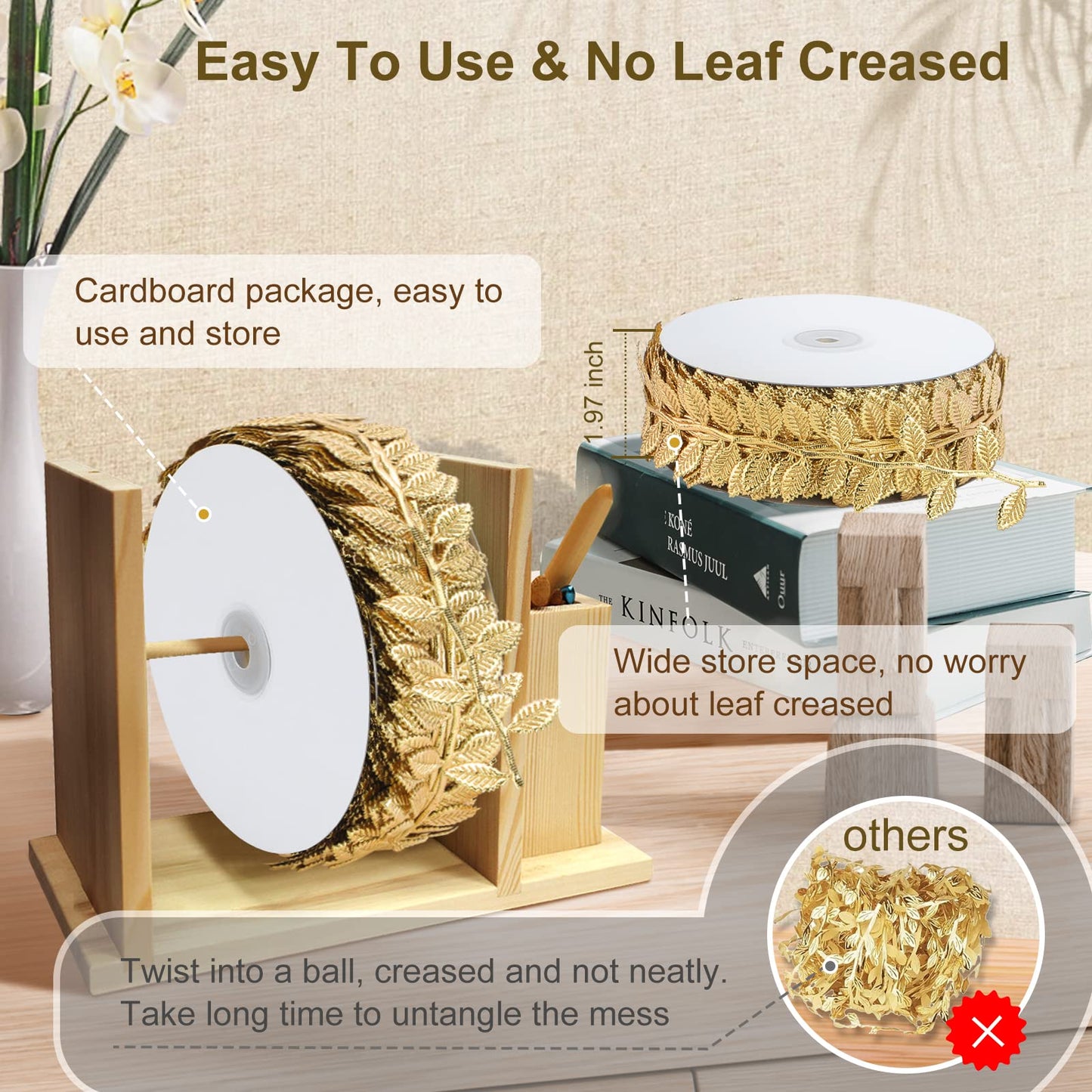 Naidiler Gold Leaf Ribbon, 40 Yards Artificial Gold Leaf Trim for DIY Crafts, Wrapping, Wedding Cake Baby Shower Party Wreath Garland Hair & Clothes Home Décor