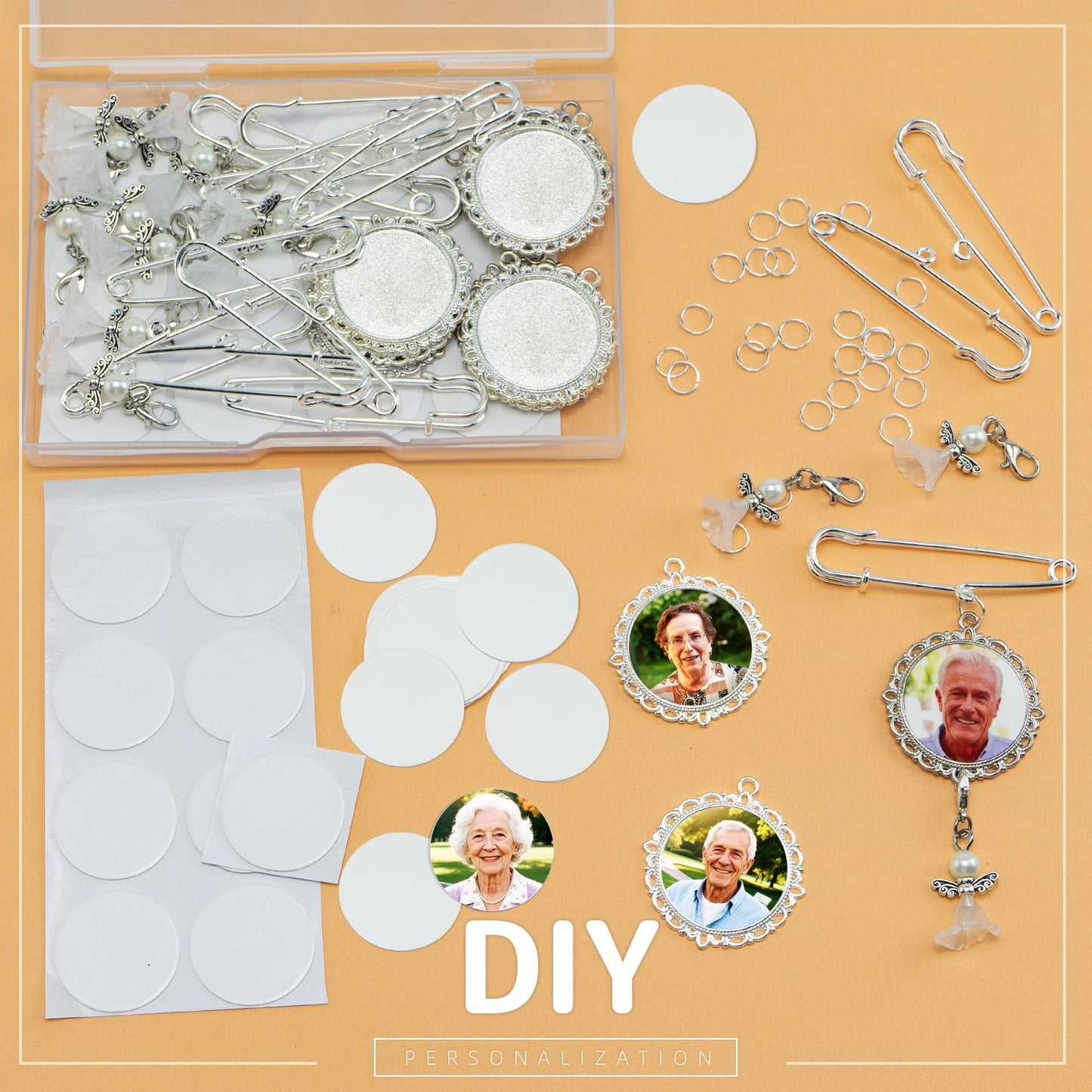 12 Sets Wedding Bouquet Photo Charm Sublimation Blanks,Memorial Keepsake Brooch Making Kit for Mother/Father of Bride/Groom,Custom Bridal Boutonniere Pin, Something Blue Funeral Death Anniversary