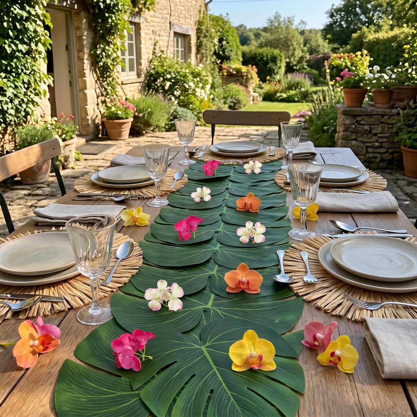 38PCS Hawaiian Tropical Party Decorations, Luau Placemats and Palm Placemat, Round Luau Fringe Place Mats Hibiscus Flower Simulation Artificial Leaf Birthday Party Supplies Table Decor