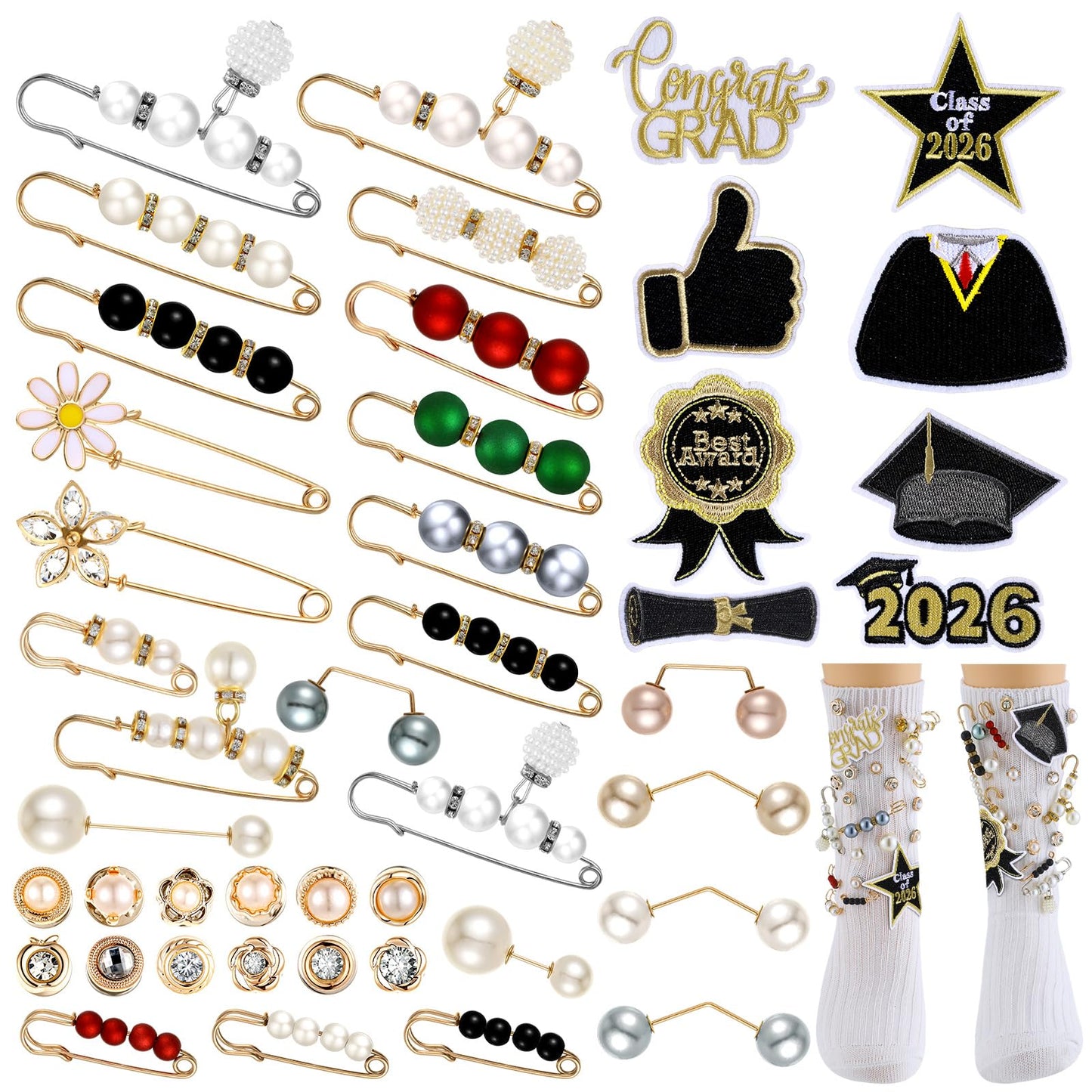 Wavwavw 35 Pcs Graduation Junk Sock Charms with 8 Graduate Iron-on Patches, Class of 2026 DIY Sock Pins Jewelry Accessories Graduation Shoes Brooch Accessories for Women Clothes Hats Scarf Shawl