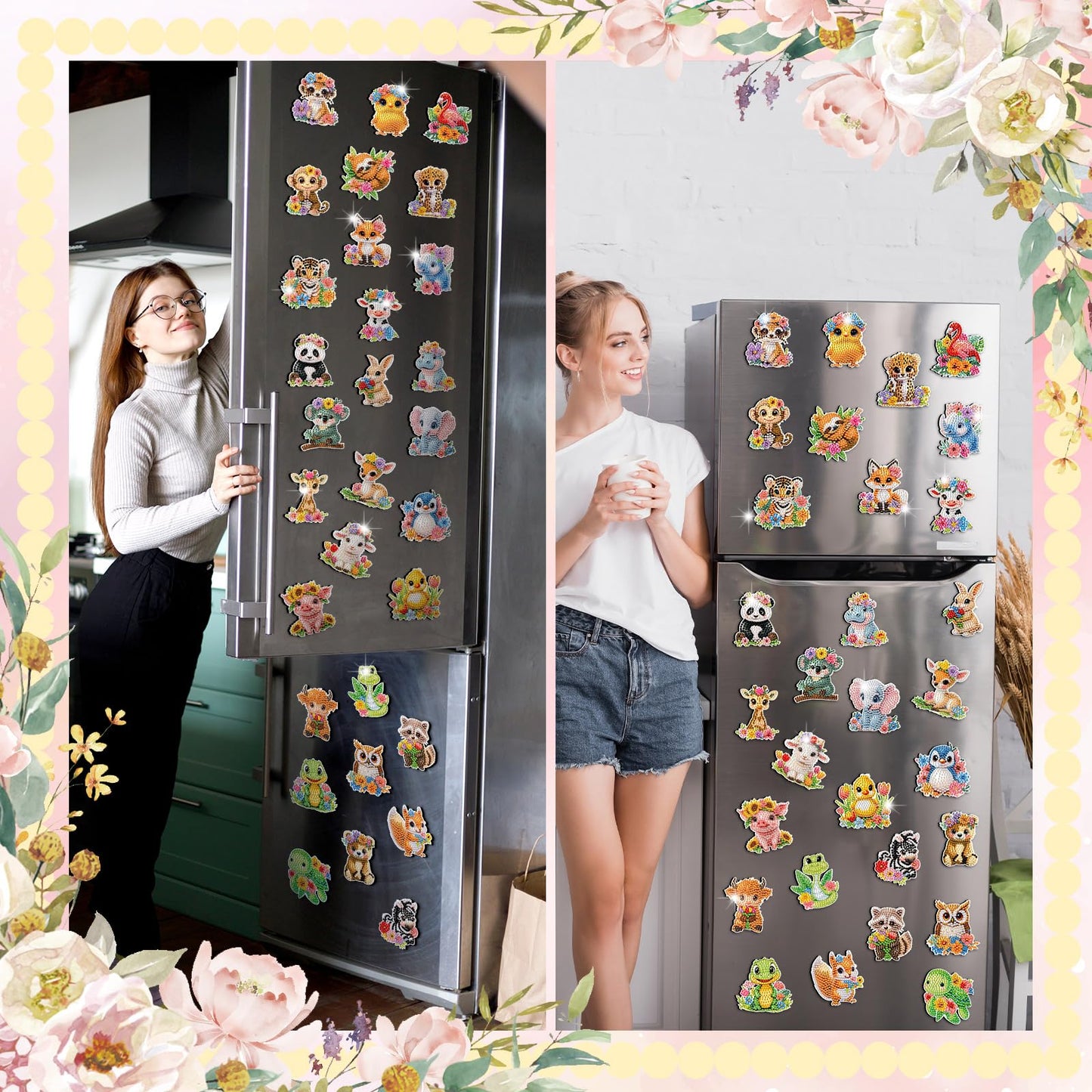 Xuhal 30 Pcs Spring Animal Diamond Painting Magnets Watercolor Flower Animal Diamond Art Magnet Kits for Adults 5D Rhinestone Elephant Tiger Refrigerator Magnetic Sticker for DIY Crafts Fridge Gifts