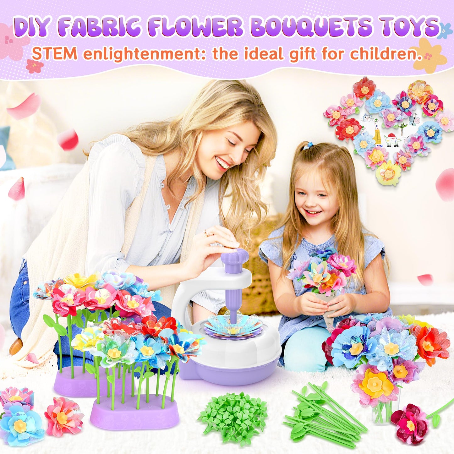 GirlsHome 300+PCS Fabric Flower Bouquets Toys, DIY Flower Making Kit for Kids, Reusable Arts and Crafts for Kids, 2 Gameplays STEM Educational Preschool Toy, Birthday Gifts for 3 4 5 6 7 8+ Years Old