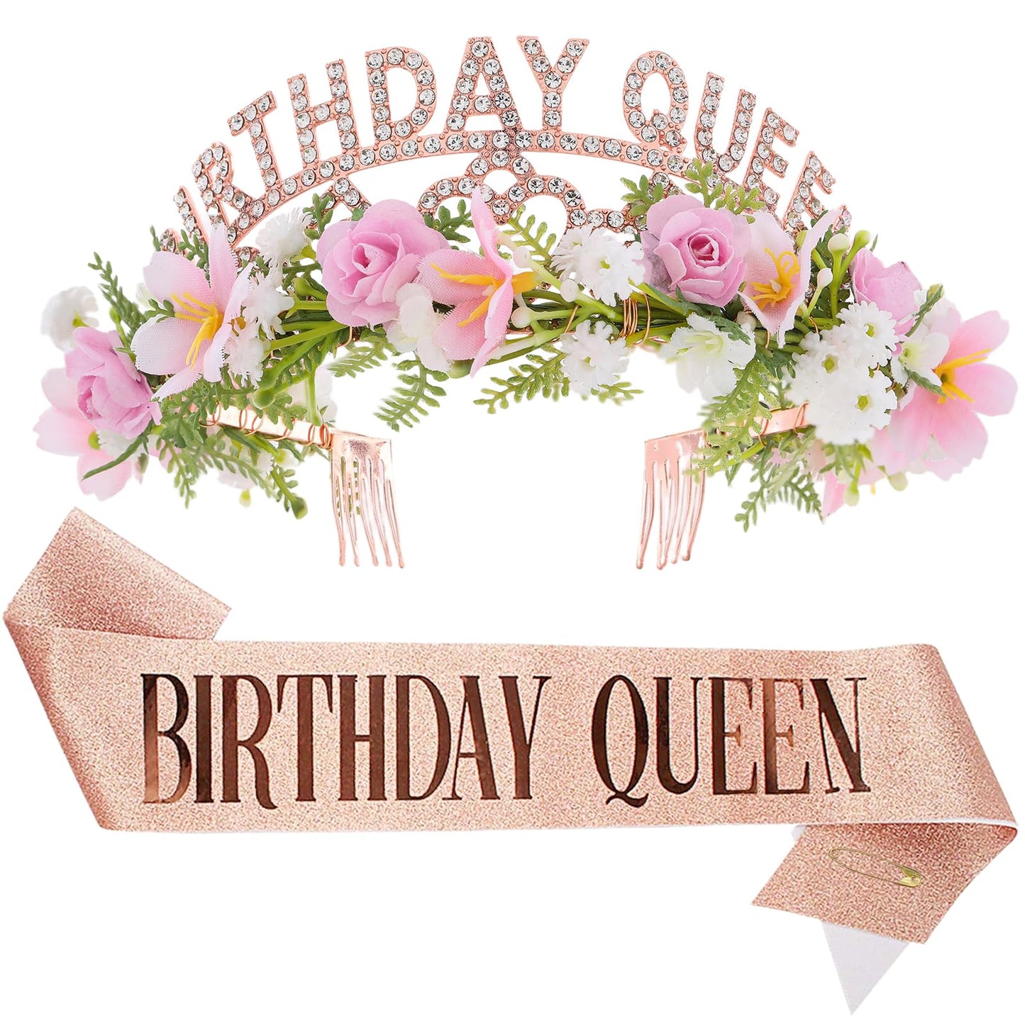 PartyforU Pink Birthday Queen Crown - Happy Birthday Tiara with Flowers and Sash Set for Party Photo Shoot Gift for Friend Mom