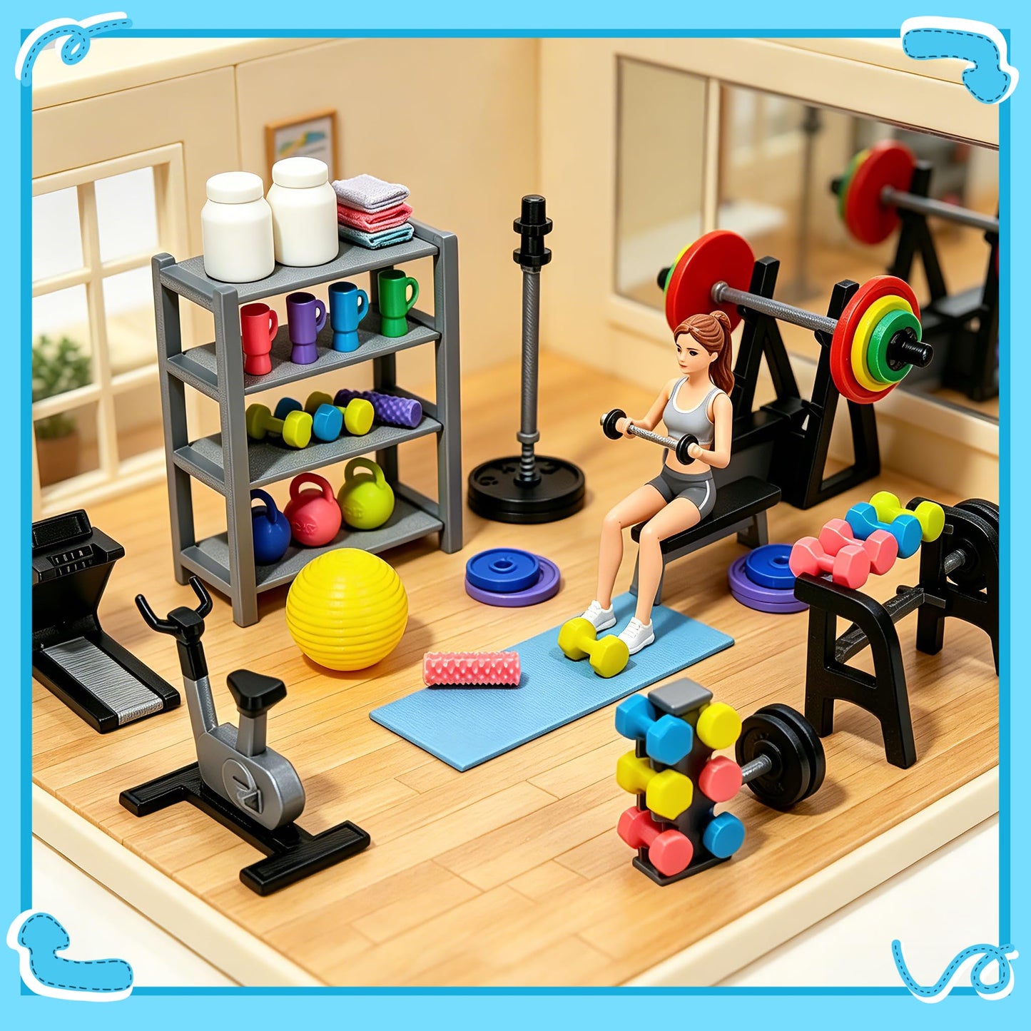 Miniature Gym Equipment Set, Plastic Mini House Fitness Accessories, Miniature Workout Room with Treadmill Exercise Bike Dumbbells for Miniature House Decor Micro Landscape DIY Crafts