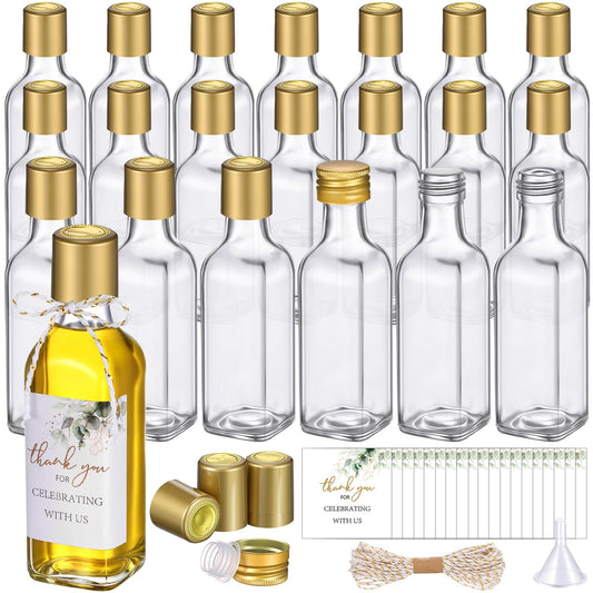 Reallnaive 20 Pack 3 oz Mini Glass Olive Oil Bottles Set, Homemade Wedding Sauce Gift Bottles Leakproof Screw Cap, Thank You Wedding Stickers for Storing Oil Honey Bridal Baby Shower Favors (Gold)