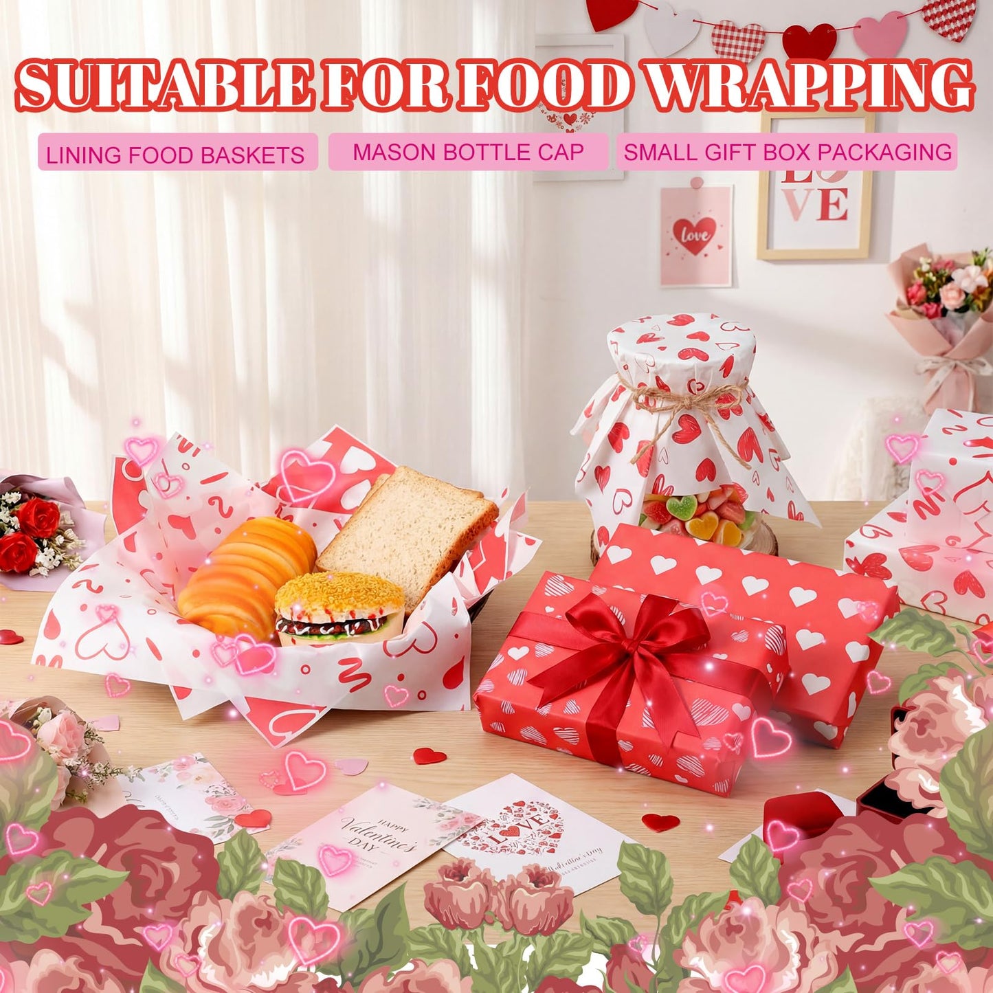 Ireer 300 Pcs Red Heart Wax Paper Sheets Parchment for Food Deli Paper 12x12 Inch Waterproof 6 Style Heart Valentine Mom Teacher Gift Wrapping Picnic Basket Liners Greaseproof Wrapping Wedding Party