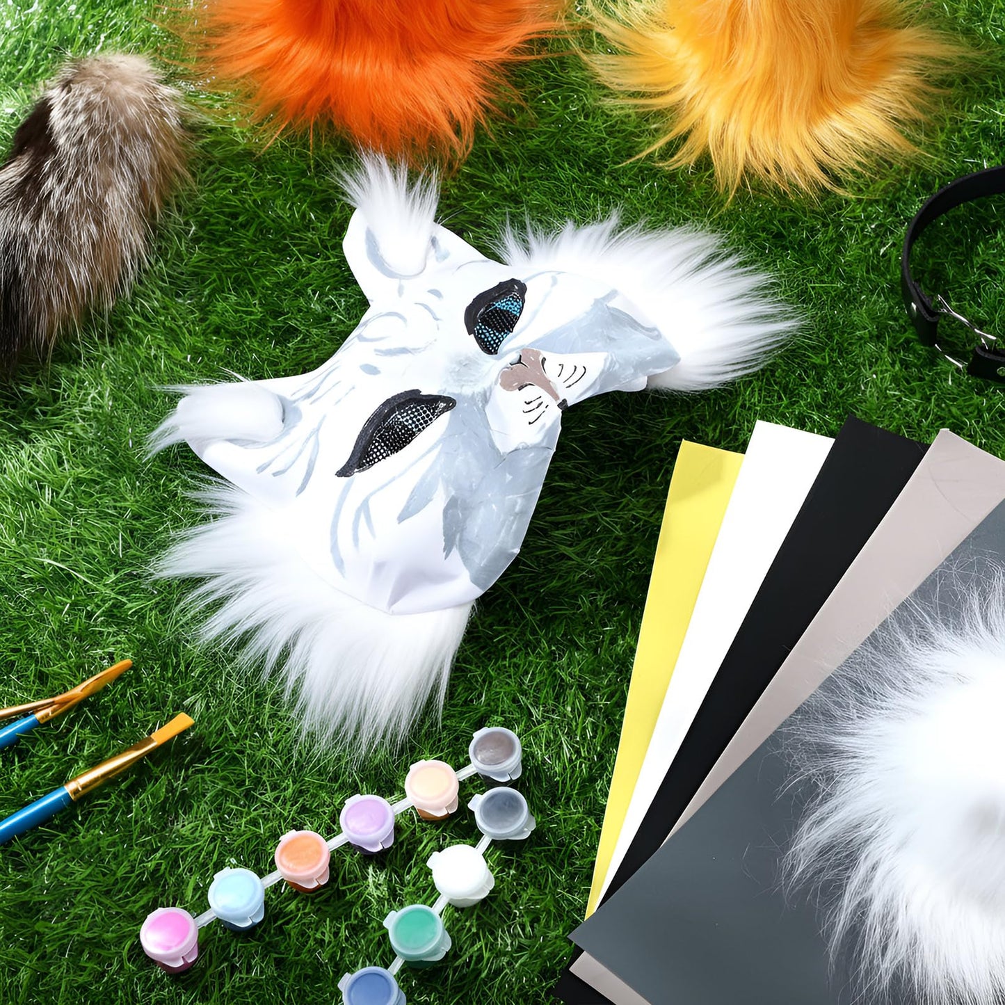 Soulchen 34 Pcs DIY Therian Fox Tail and Mask Kit Blank Cat Masks Craft Set Include Faux Felt Fur Sheet Plastic Eye Mesh Leather Necklace Dentures Star Stickers for Halloween Masquerade Cosplay Party