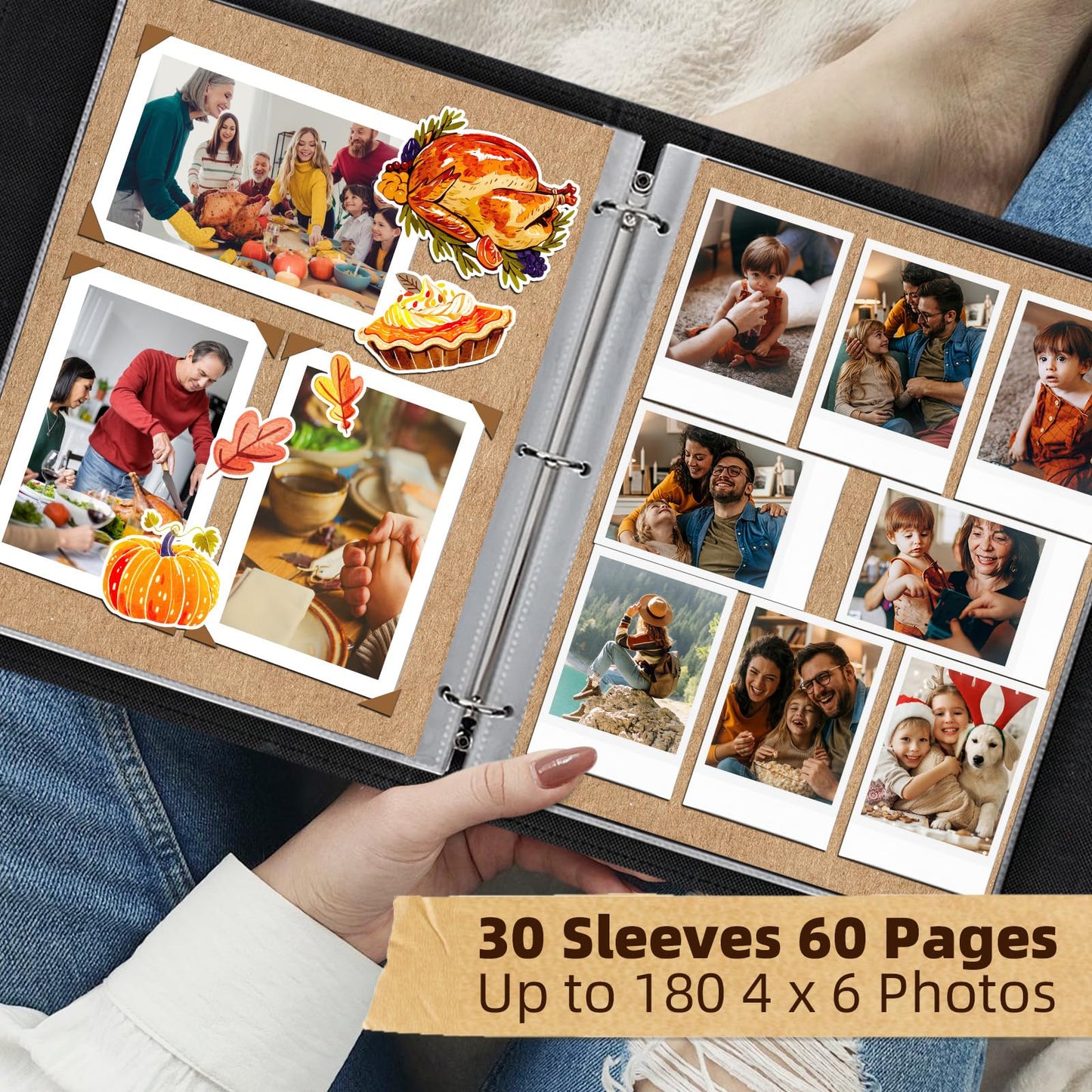 Vienrose 13x11 Inch 3 Ring DIY Scrapbook Album Gift Set, Faux Leather Cover Blank Scrapbooks Photobook with 30 Plastic Sleeves 60 Kraft Pages for Valentine Gift Wedding Family Anniversary DarkBrown