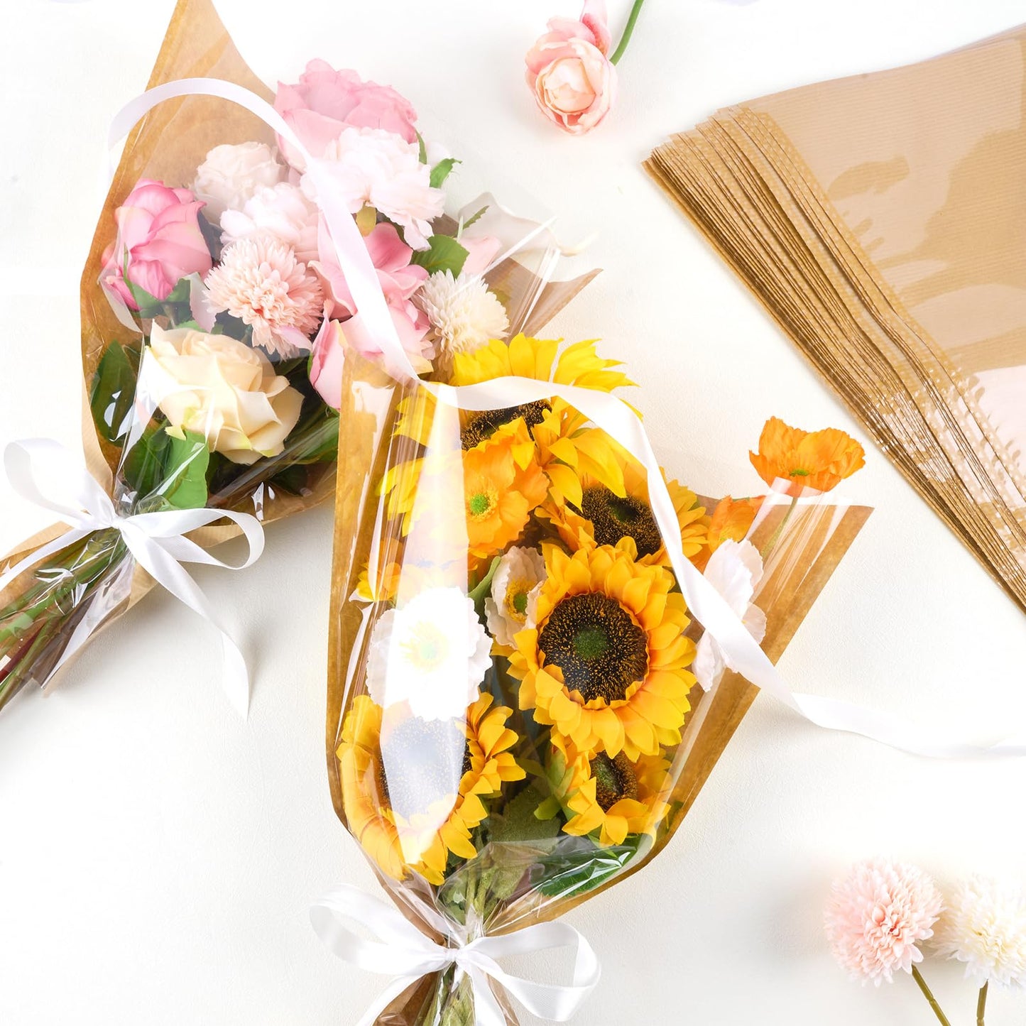 CLUEWR 50 PCS Flower Bags for Bouquets, Floral Wrapping Sleeves with Ribbons Florist Wrap Supplies, 15.7 x 13.7 Inches