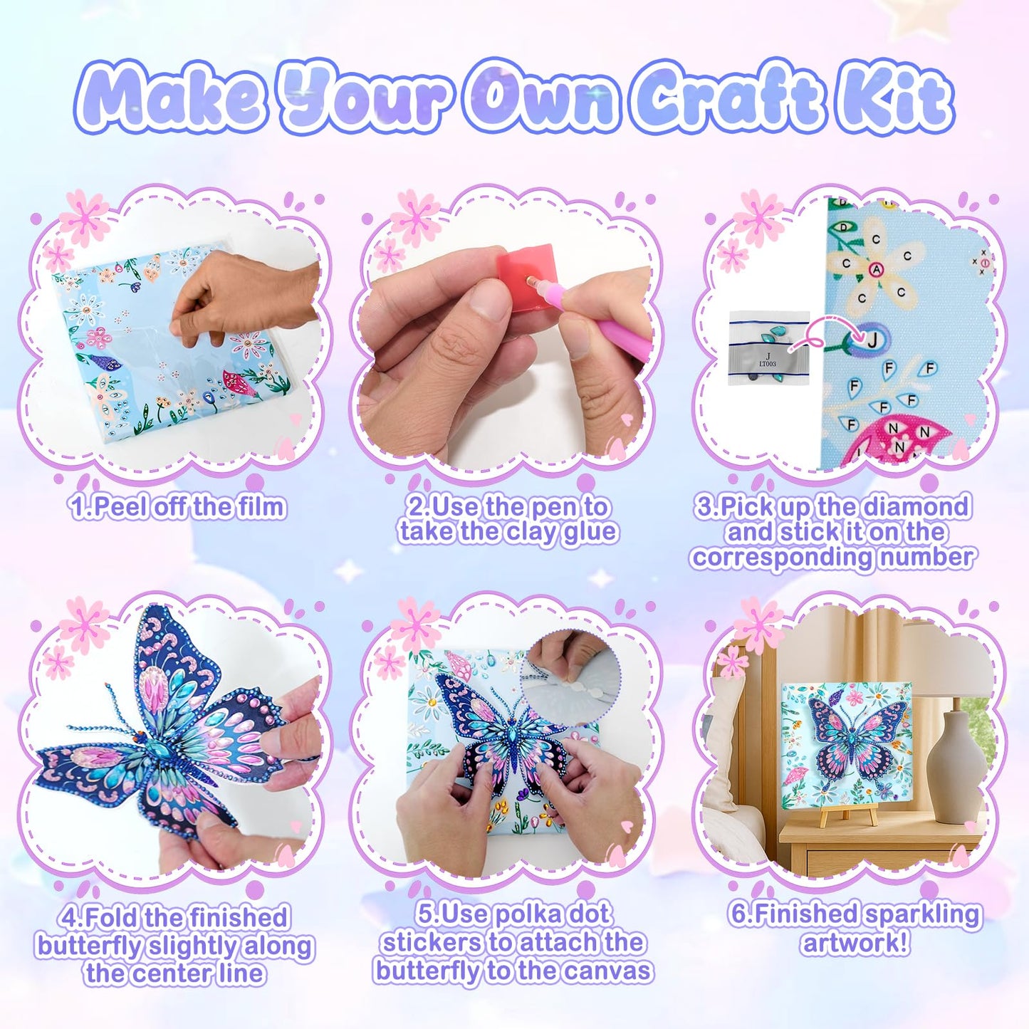 Arts and Crafts for Kids Ages 8-12, Diamond Art Kits for Kids, Birthday Gifts for 6 7 8 9 10 11 12 Years Old Girl, Gem Art Butterfly Kit for Teen Girl, DIY Crafts Toy with Frame for Room Decor (Blue)