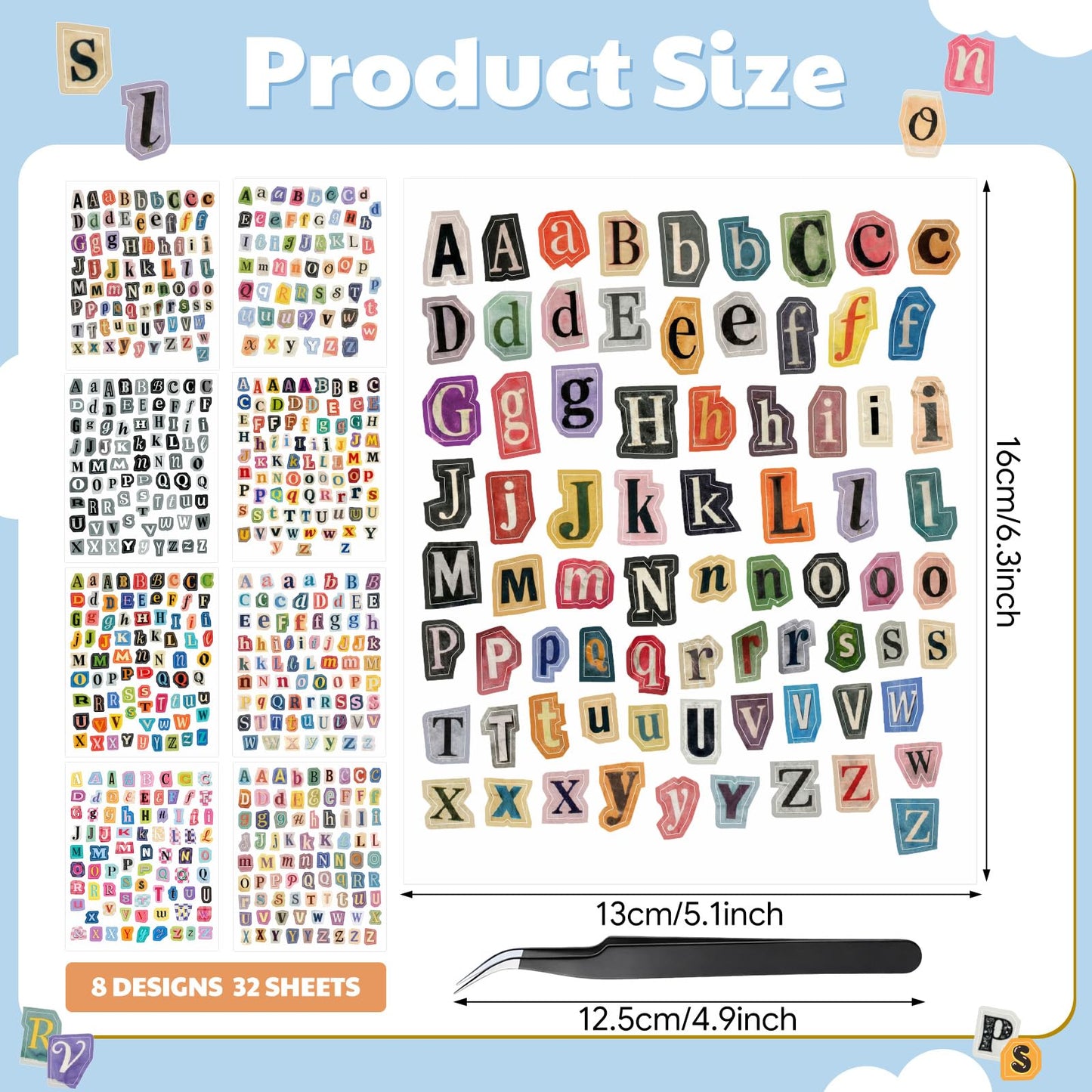 Frienda 2400 Pcs 32 Sheet Letter Stickers for Scrapbook with Tweezers Magazine Ransom Letters Stickers Small Vintage Alphabet Sticker for Journaling Supplies Laptop Water Bottle DIY Crafts Gift