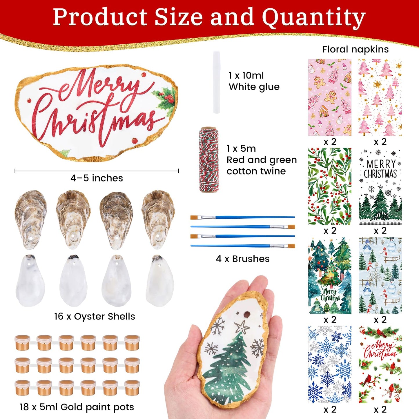 APUDWN 16 Set Oyster Shells for Crafts 4-5 Inch Christmas Pre-Drilled Oyster Shells Crafts Kits with Decoupage Paper Napkin Glue Paint Twine and Brushes for Xmas Decor DIY Arts Seashells Ornaments