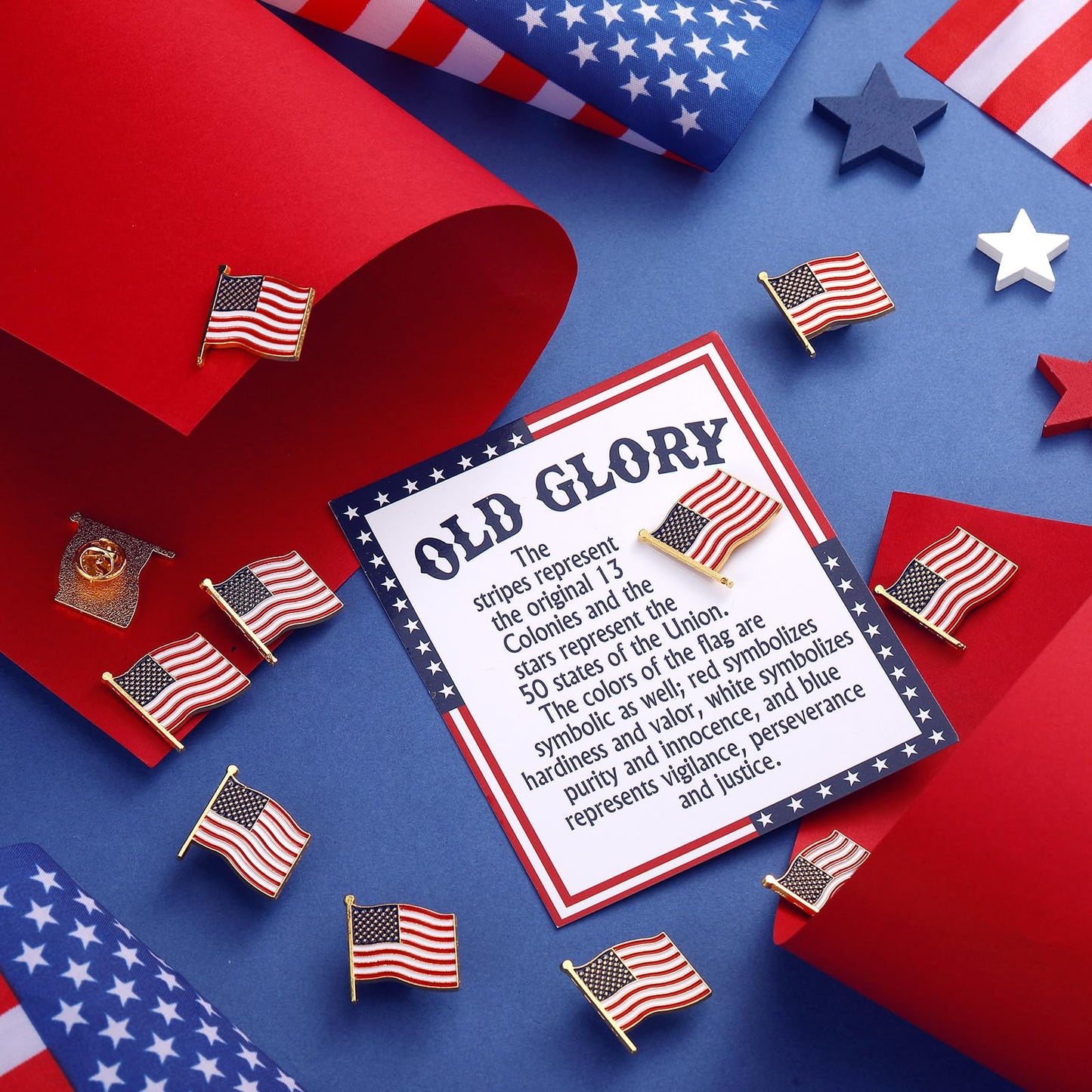 Landical 60 Pcs/30 Sets 250th Anniversary Memorial Day Pins Gifts Bulk Patriotic American Flag Pins with Old Glory Cards and Bags for 4th of July Independence Veterans Day Party Favor Supplies Gifts