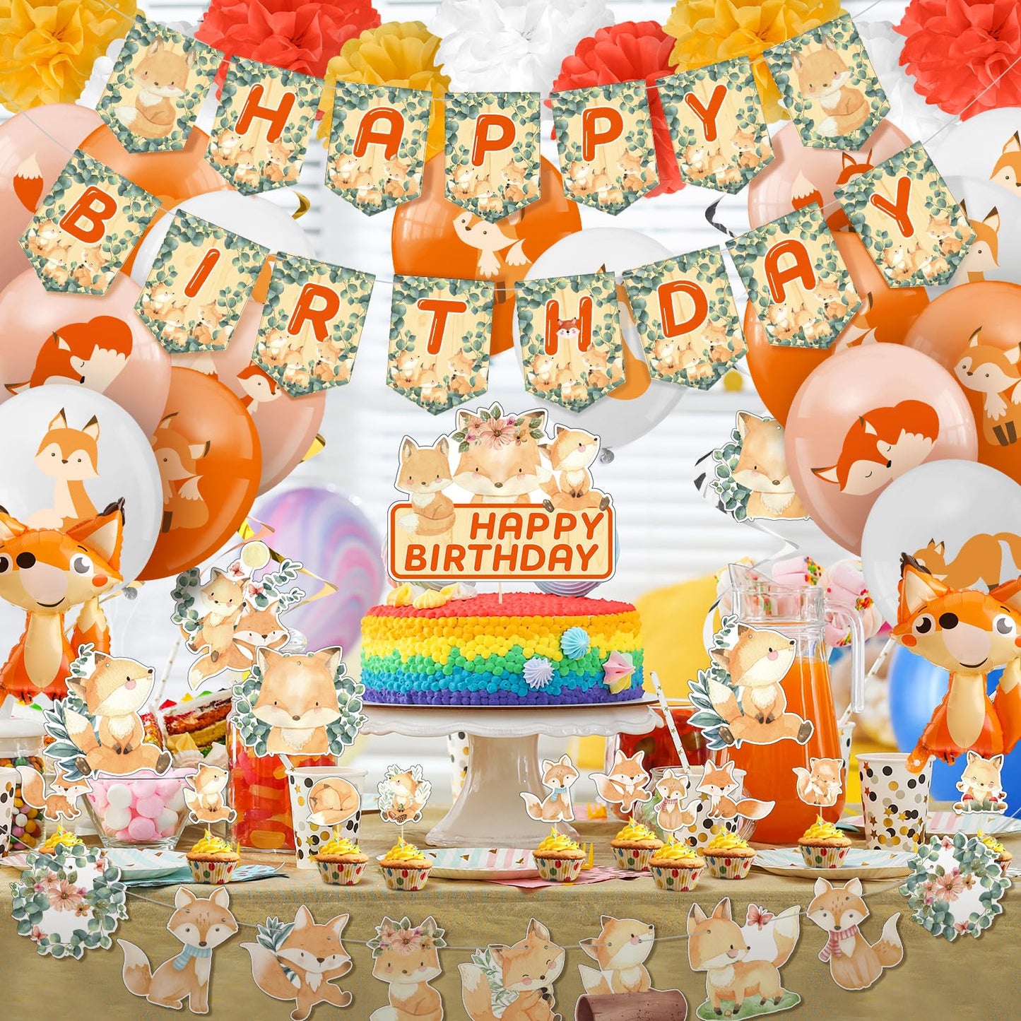 Outus 79 Pcs Fox Theme Birthday Party Decorations Woodland Fox Animal Supplies Kit Include Happy Birthday Banner Pom Pom Flowers Hanging Swirls Latex Balloons Cupcake Topper