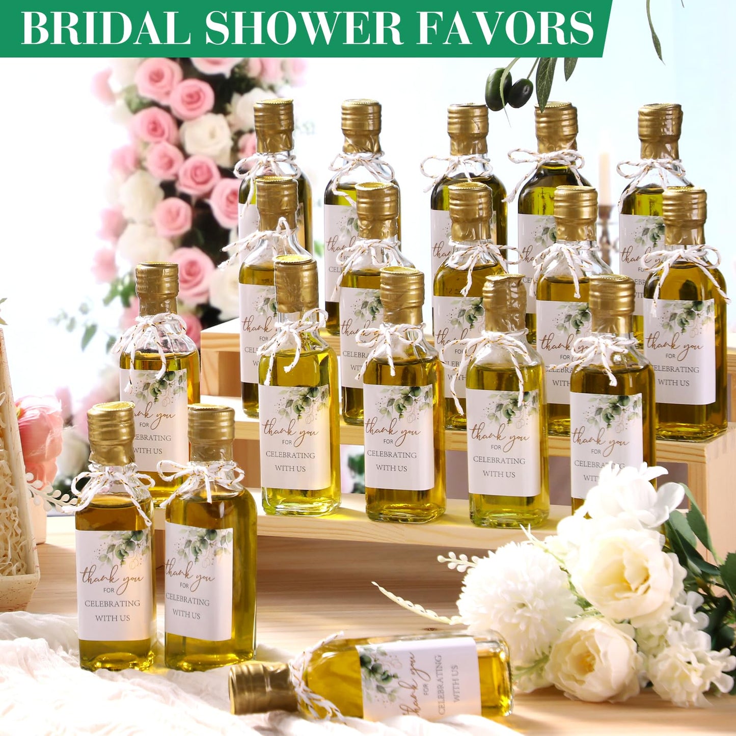 Reallnaive 20 Pack 3 oz Mini Glass Olive Oil Bottles Set, Homemade Wedding Sauce Gift Bottles Leakproof Screw Cap, Thank You Wedding Stickers for Storing Oil Honey Bridal Baby Shower Favors (Gold)