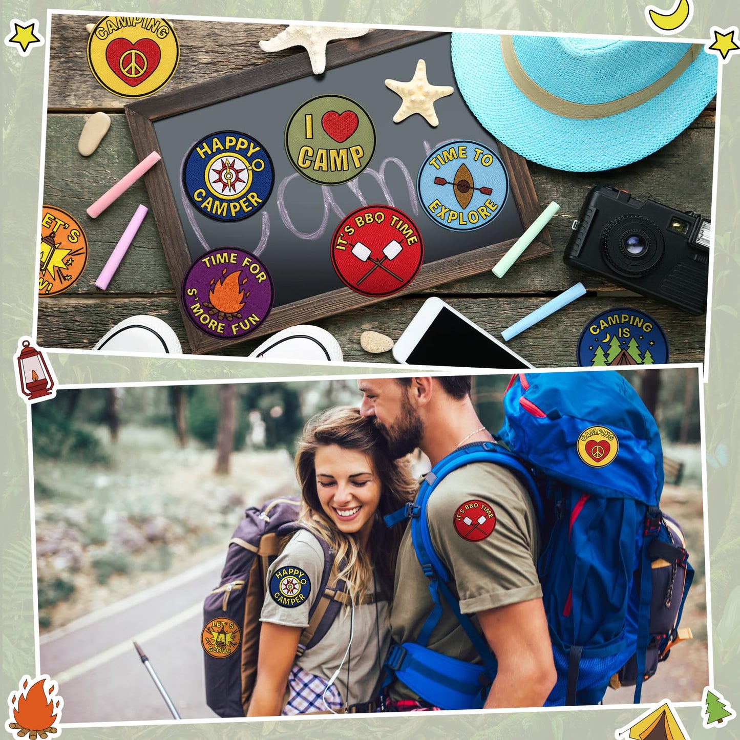 Lyrow 24 Pcs Camping Crafts Color Your Own Iron on Camp Patches Camping Coloring Iron on Embroidered Patches for Camp Party Activities DIY Clothes Hats Bags Backpack Sew Making