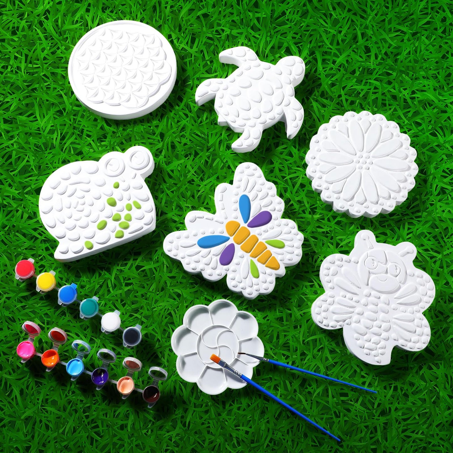 PullCrease 6 Pack Stepping Stone Ceramic Kit for Kids Paint Your Own Plaster Stones Arts and Crafts Handprint Garden and Spring DIY Craft Pottery Outdoor Painting Gifts for Kids Ages 4-12