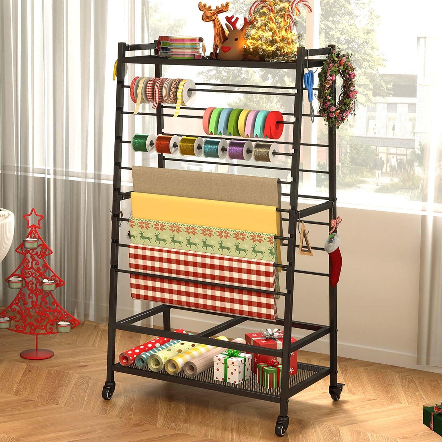 yeshine Ribbon Organizer for Craft Room, Rolling Ribbon Holder, Double-Sided Ribbon Holder Organizer Rack, Metal Craft Christmas Gift Wrapping Paper Holder, Large Capacity Ribbon Storage Rack