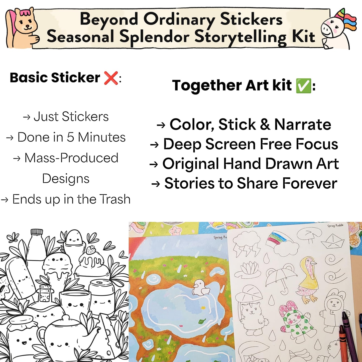 Together Art Seasonal Splendor: Color Your Own Stickers Storytelling Kit - 4 Seasons in 1 DIY Craft for Kids Ages 3+ (Camping, Beach, Christmas) - Road Trip Travel Activities & Homeschool Art Supplies